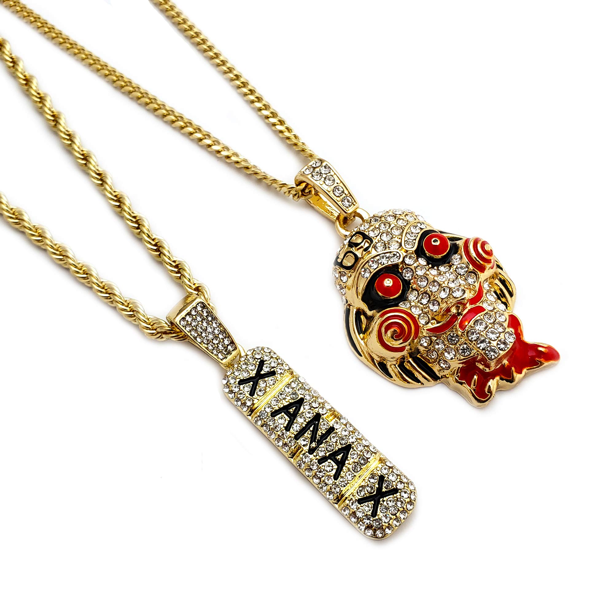 Hip Hop Iced Out Gold Plated Saw & Xanax Pendant with 3mm 20
