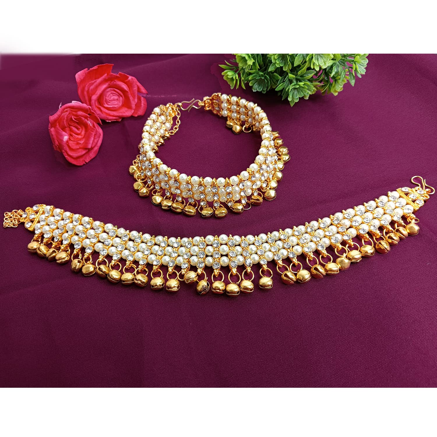 Elegant Indian Bridal Ghungroo Anklets for Women - Faux Pearl Crystal Bell Ankle Bracelets Set - Perfect for Bollywood Dance, Wedding & Festive Occasions
