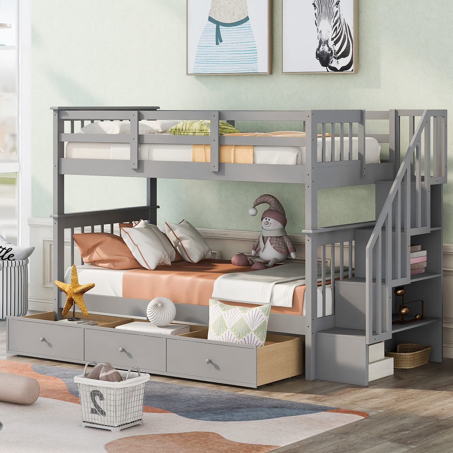 Harper & Bright Designs Twin Over Twin Bunk Bed with Stairs - Solid Wood Bunk Bed with Storage Drawers for Kids, Teens & Adults - Space-Saving Gray Bed for Small Rooms, Guest Rooms & Vacation Homes