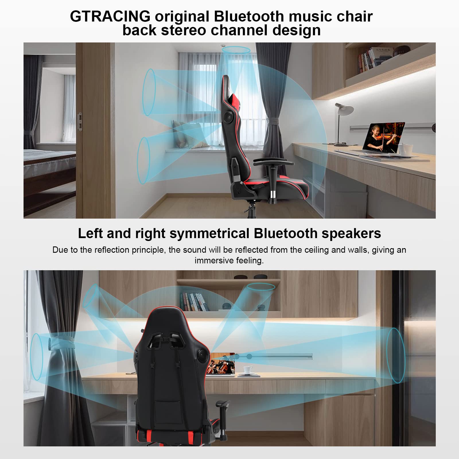 GTRACING Bluetooth Gaming Chair with Built-in Speakers - Ergonomic Video Game & Office Computer Desk Chair - Heavy Duty Red Gaming Chair for Home & Office Use