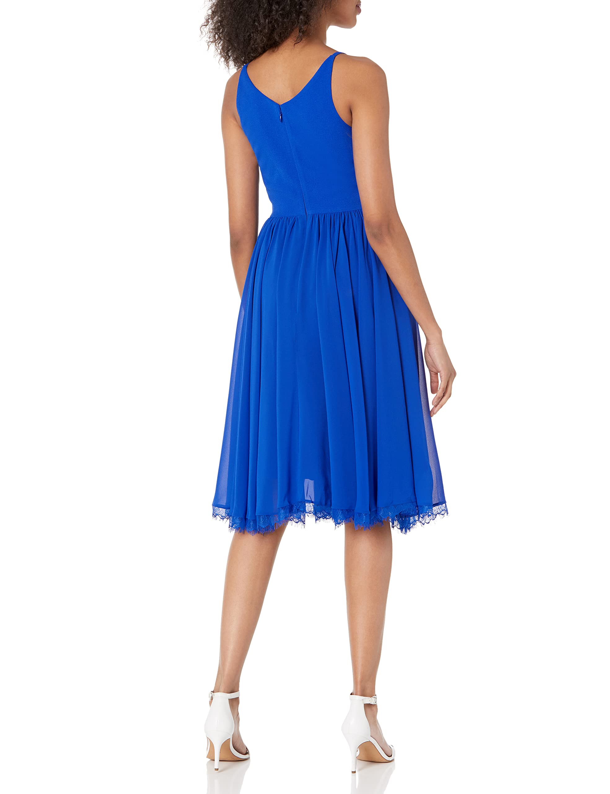Dress the Population Alicia Plunging V-Neck Sleeveless Fit & Flare Midi Dress for Women | Mix Media Cocktail Party & Wedding Guest Dress