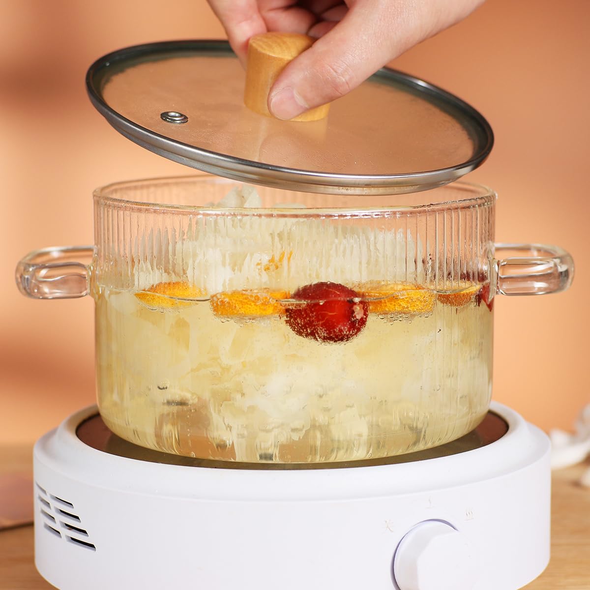 1.5L (50oz) Borosilicate Glass Cooking Pot with Lid - Heat Resistant Saucepan for Pasta, Soup, Milk & Baby Food | Includes Brush & Anti-Scalding Mat | Perfect for Stovetop, Microwave & Serving