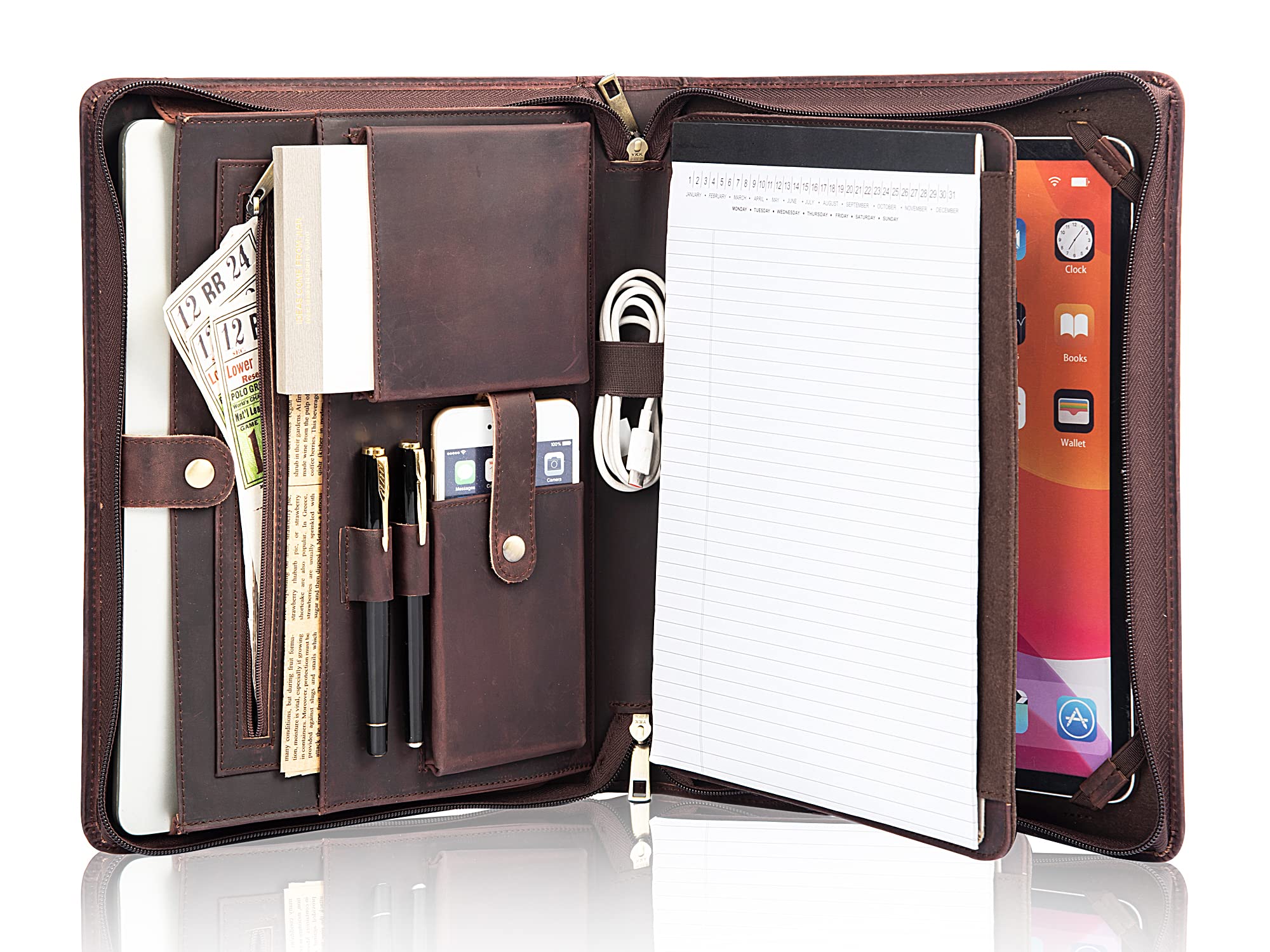 Premium Handmade Leather Portfolio for Men - Zippered Business Document Organizer with A4/Letter Size Capacity & iPad 12.9
