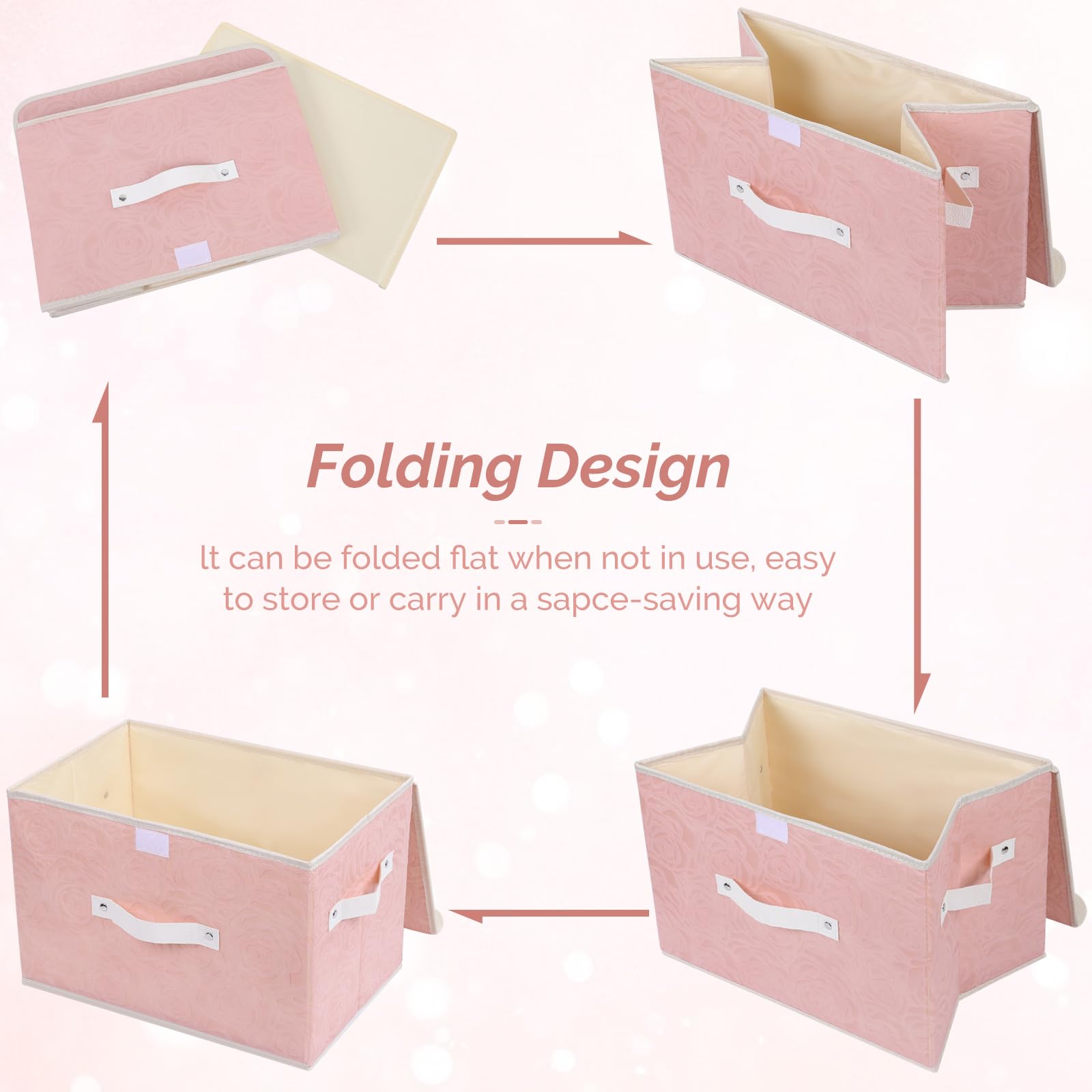 Lucky Monet Cute Storage Bin Boxes with Lids - Washable Decorative Fabric Storage Baskets, Collapsible PU Leather Handle Box Cubes for Shelf Closet Organizer (3-Pack, Pink, Large) - Perfect for Bedroom, Nursery & Home Organization