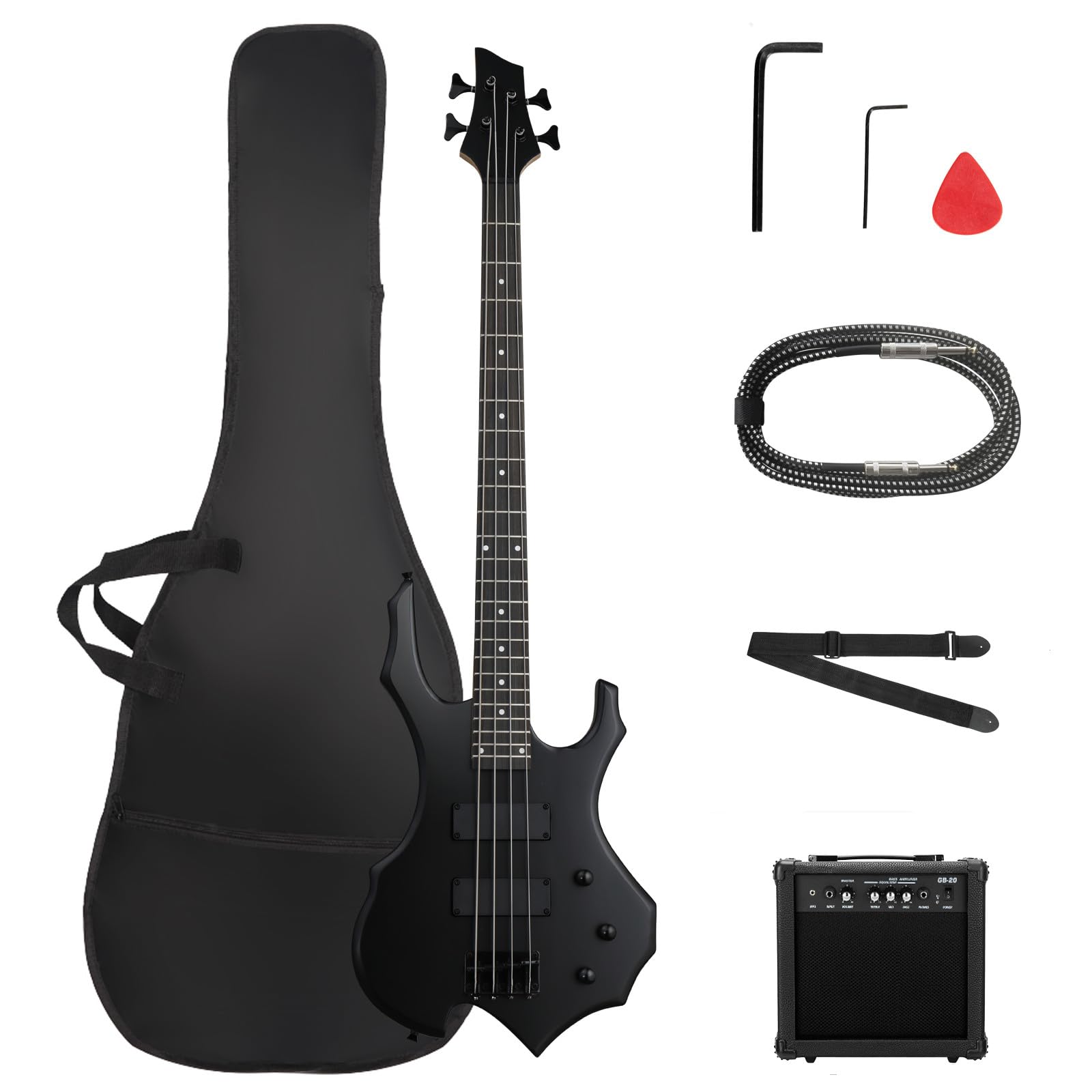 Ktaxon Full Size Electric Bass Guitar with 20W Amp - Flame Design Matte Black Bass Kit Includes Portable Gig Bag, Adjustable Strap, Picks & Tools for Beginners & Professionals | Perfect for Live Performances, Studio Recording & Home Practice