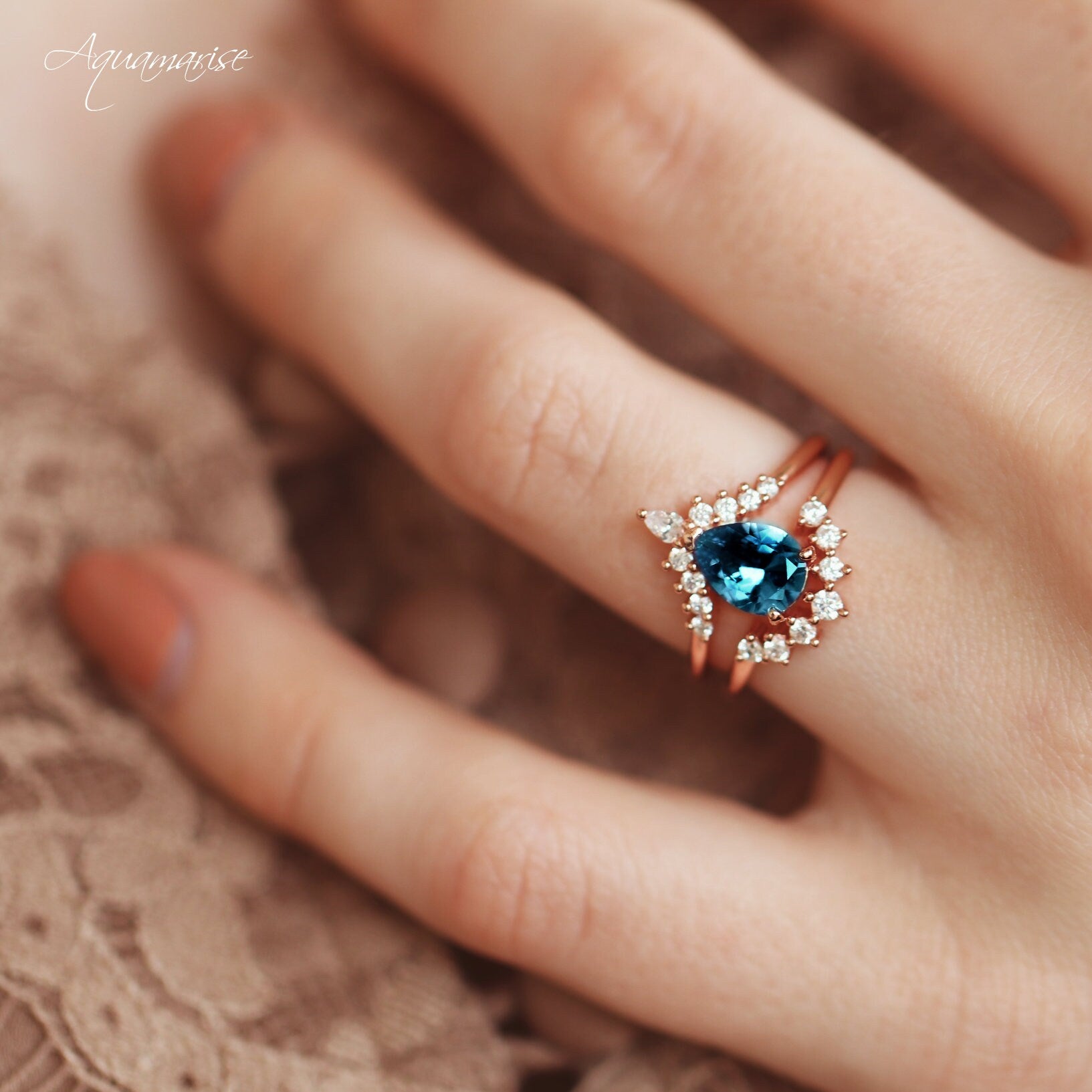 Lunette London Blue Topaz Ring Set - 14K Rose Gold Vermeil Stackable Rings for Women | Elegant Jewelry Gift for Birthday, Anniversary & Special Occasions