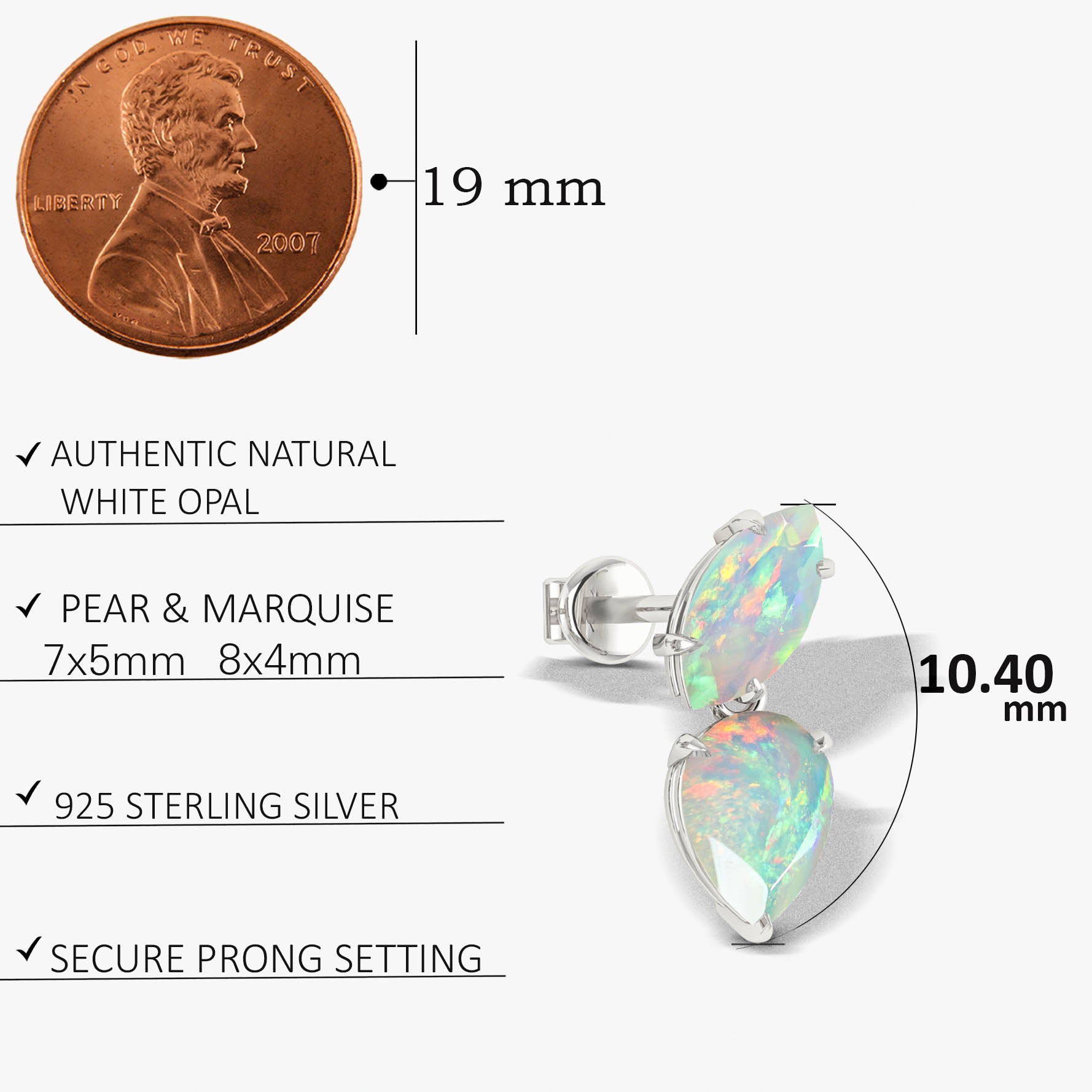 Natural White Opal Marquise & Pear Two Stone Stud Earrings – Dainty Gemstone Jewelry for Women, Perfect for Weddings, Parties & Everyday Wear