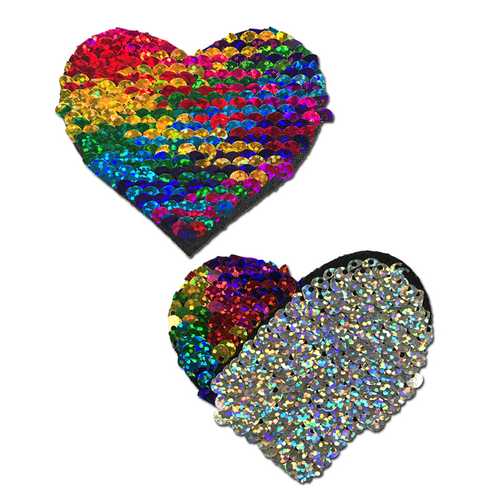 Rainbow & Silver Glitter Color Changing Sequin Heart Nipple Pasties - Adhesive Bra Covers for Bachelorette Parties, Festivals & Burlesque Shows