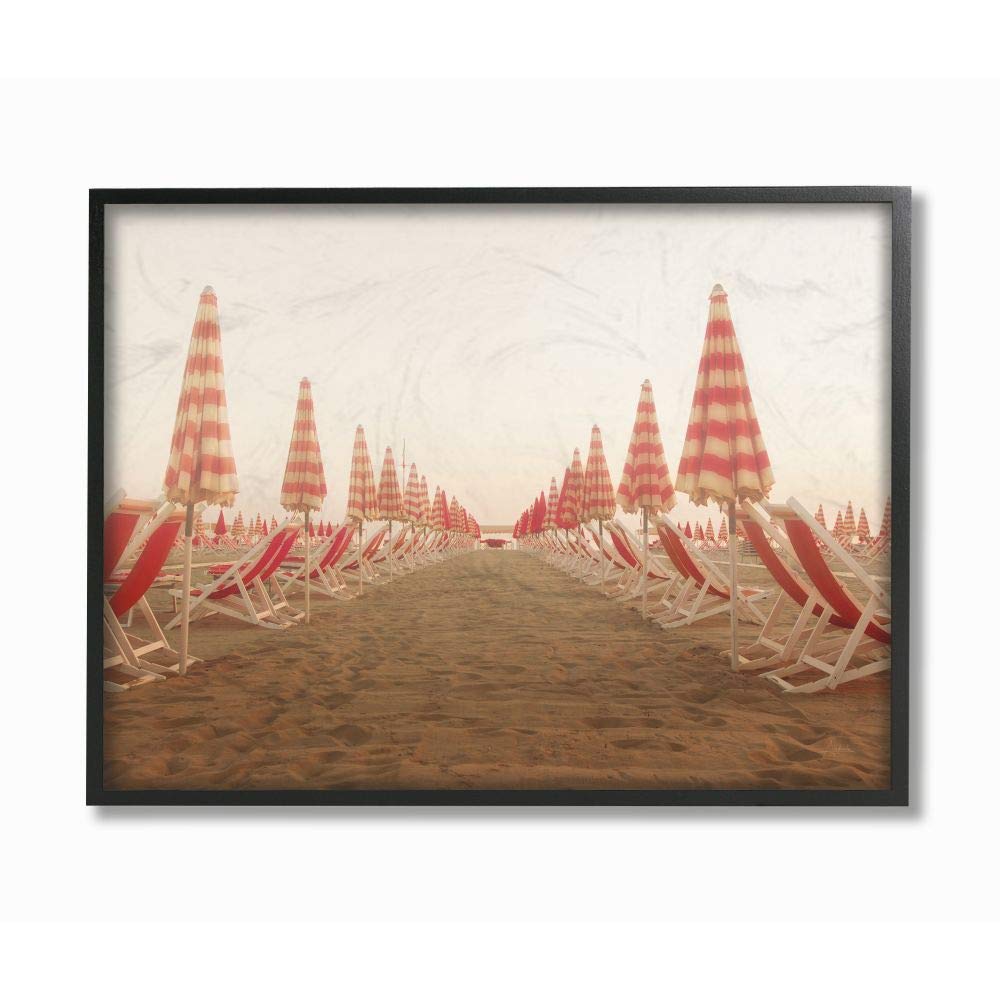 Stupell Industries Symmetric Beach Chairs on Sand Red Tan Photograph - Aledanda Designed Wall Art - 11x14 Inches Black Framed Canvas - Perfect for Coastal Living Room, Beach House Decor & Summer Vacation Theme