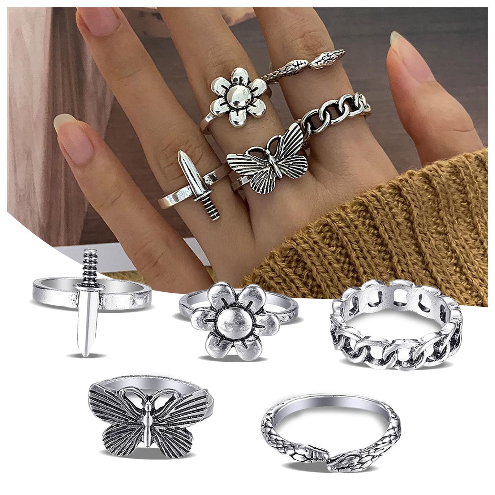 iCODOD Dagger Ring Set - 5 Piece Gothic Heart Chain Rings for Women, Punk Jewelry for Couples, Unique Valentine's Gift - Perfect for Gothic Fashion, Punk Outfits & Romantic Occasions