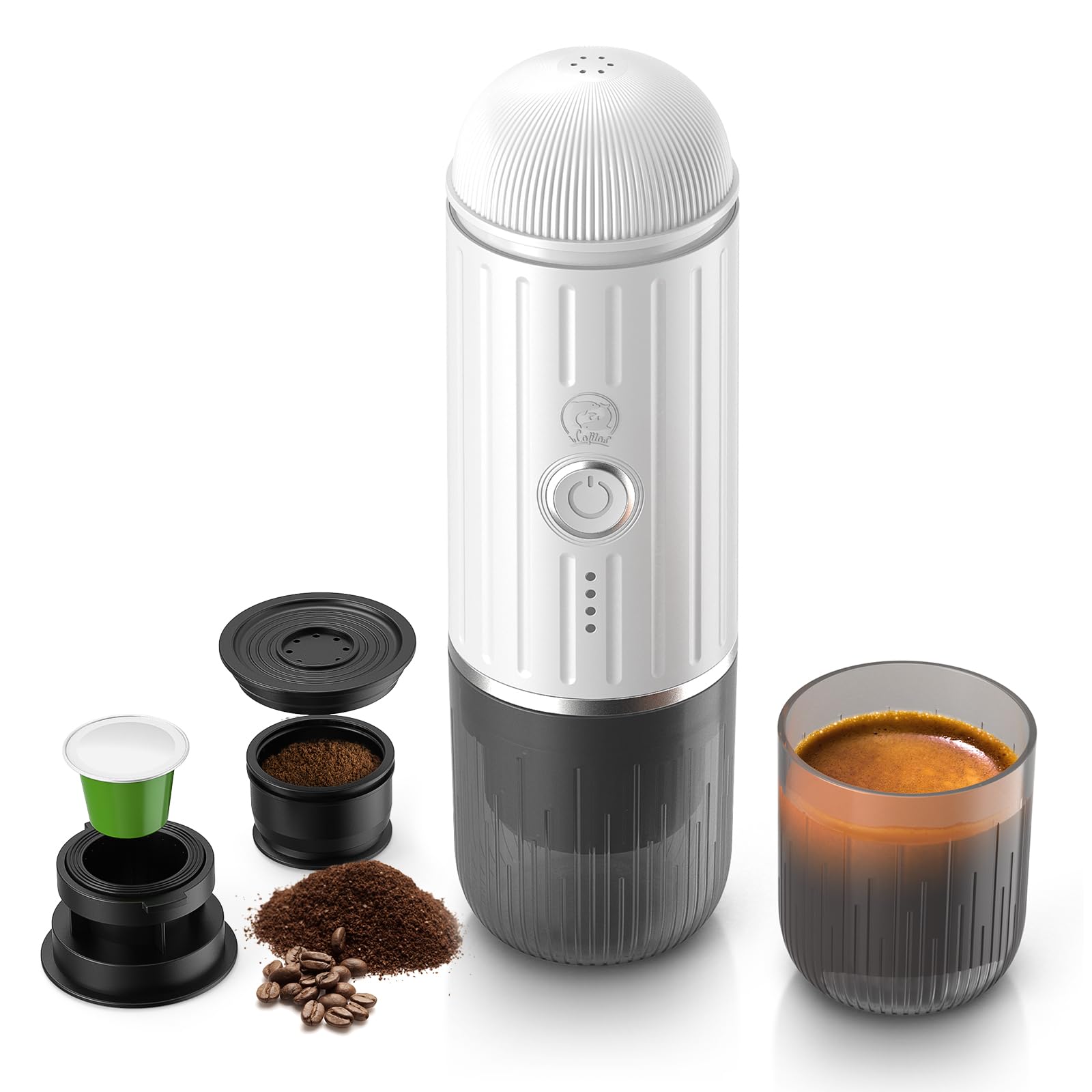 Premium Rich Crema Portable Electric Espresso Coffee Maker - Fast Self-Heating 2-in-1 Extraction System for Ground Coffee & Nespresso Capsules - Perfect for Travel, Car, Hiking & Office Use - ME2218 (White)
