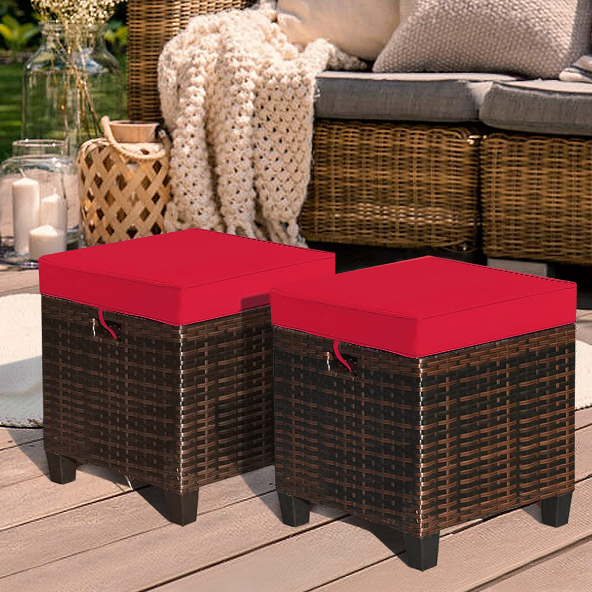 HAPPYGRILL 2-Piece Outdoor Patio Ottoman Set - Rattan Wicker Footstool with Removable Cushions, Durable Patio Furniture for Garden, Poolside, and Deck Relaxation
