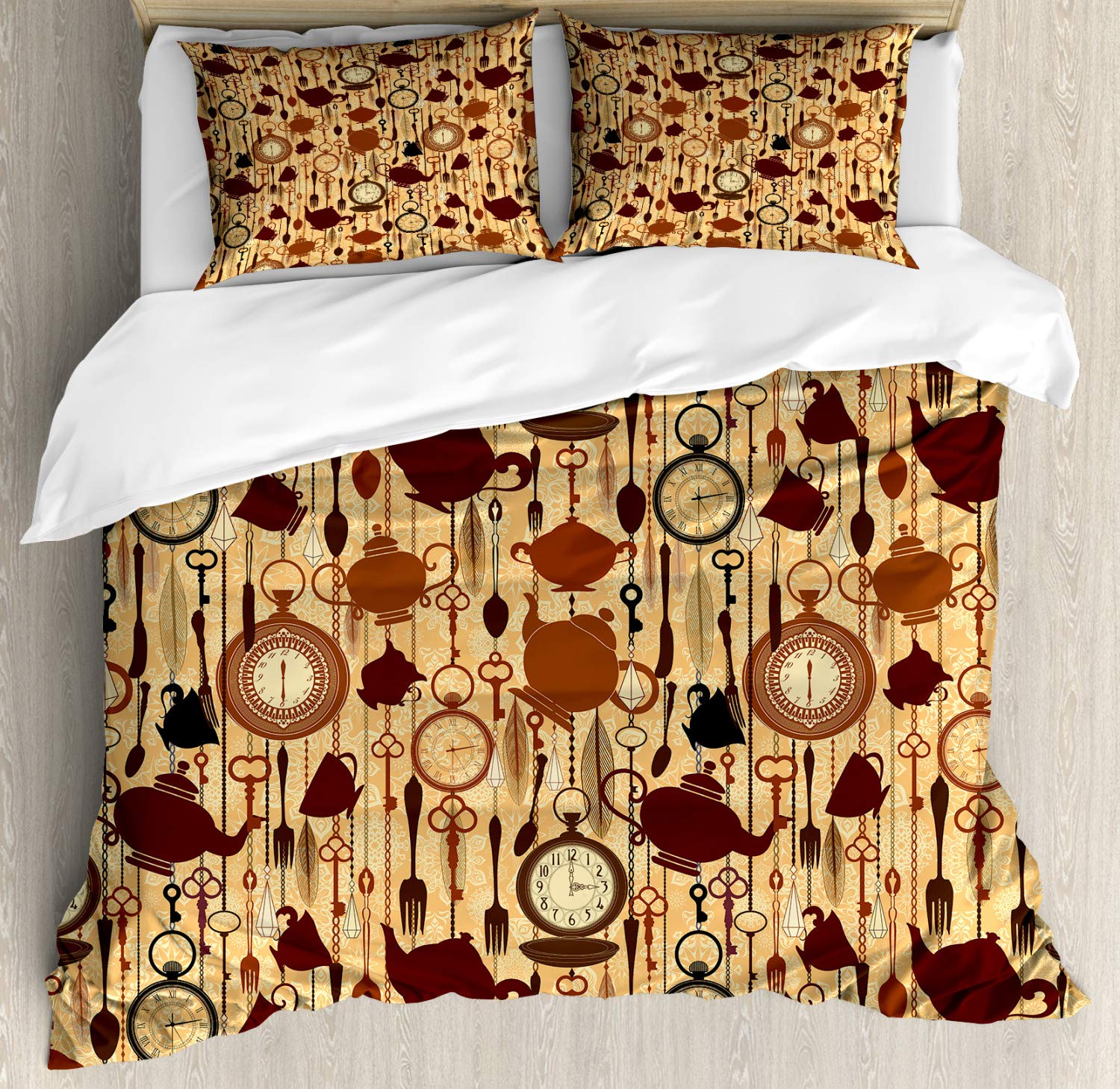 Ambesonne Victorian Style Tea Party Duvet Cover Set - 3 Piece Bedding with Teacup, Fork & Spoon Print, California King Size in Brown Redwood - Perfect for Themed Bedrooms, Guest Rooms & Vintage Home Decor