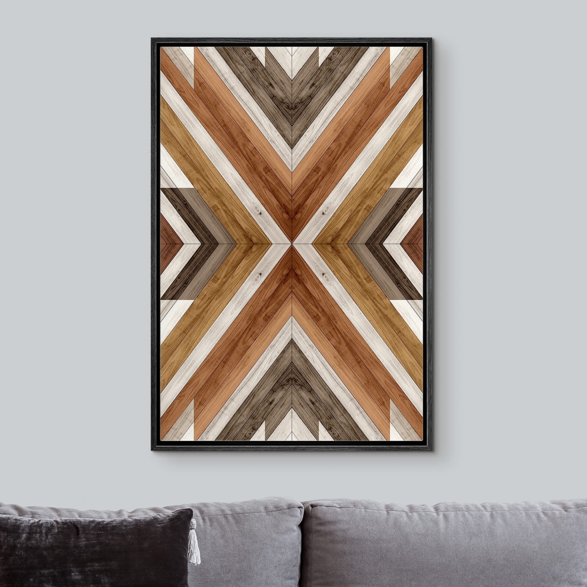 IDEA4WALL Framed Canvas Print Wall Art - Western Tribal Wood Panel Pattern, Abstract Landscape Shapes, Modern Nordic Minimal Boho Decor for Living Room, Bedroom, Office - 16