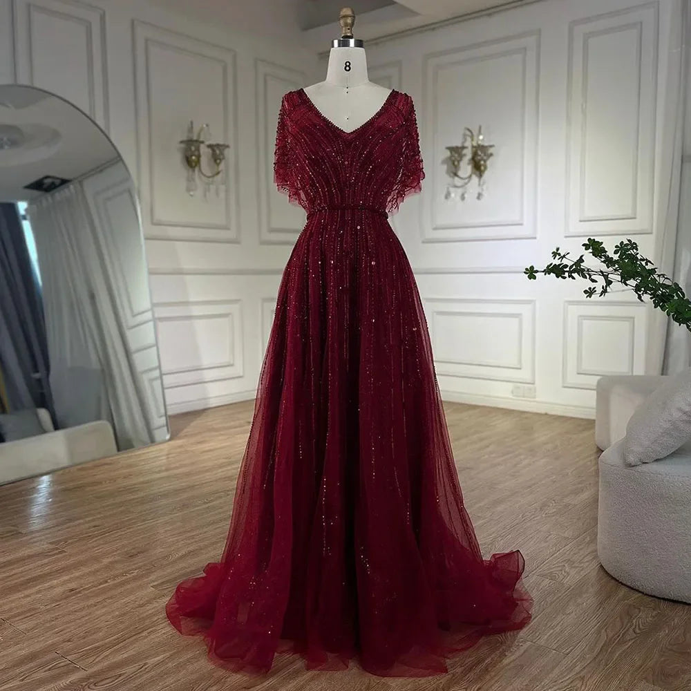 Serene Hill Luxury Dubai Red A-Line Elegant Evening Dress with Half Sleeves and Beading for Women - Perfect for Weddings, Parties & Special Occasions in 2025 (Style LA70458)