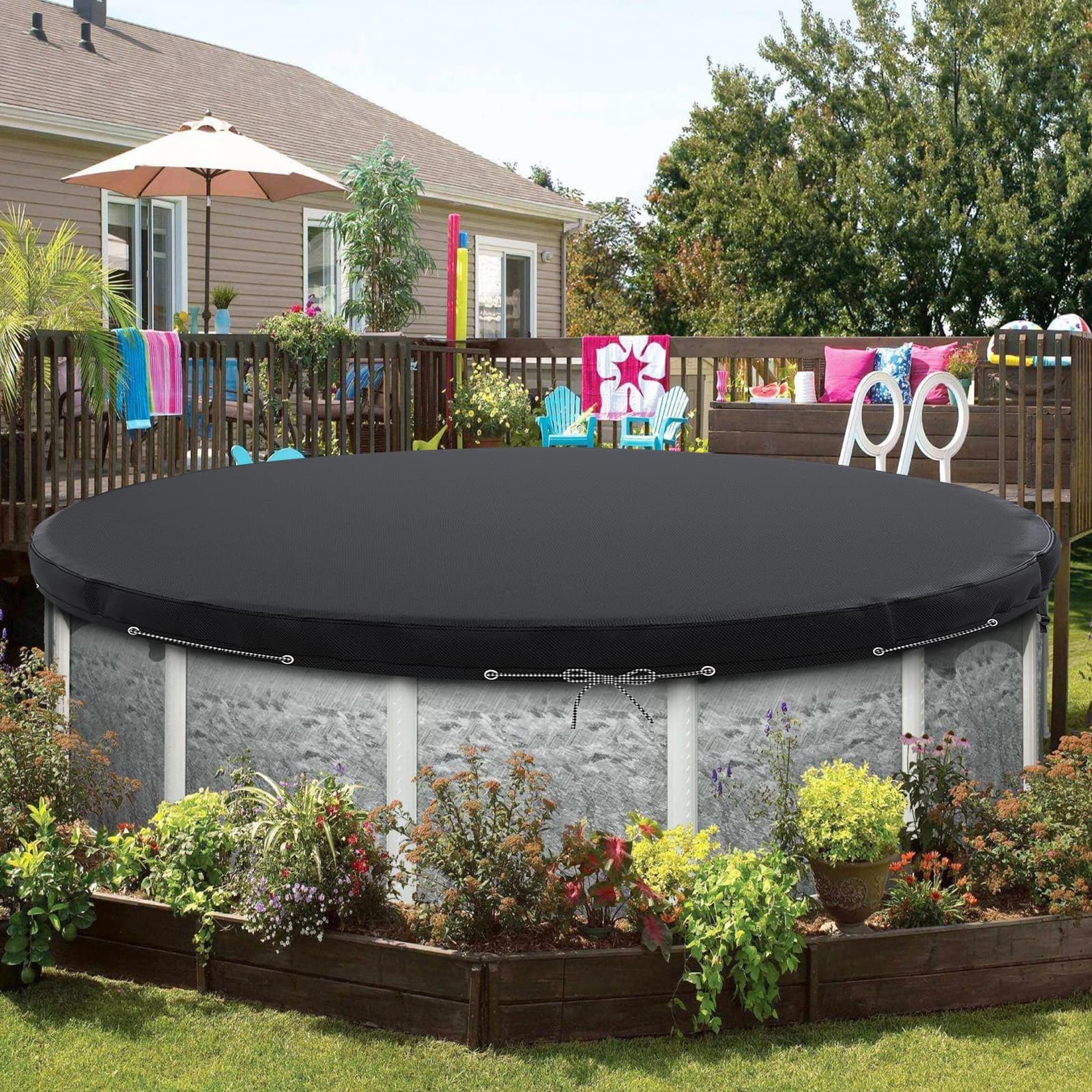 18Ft Round Pool Cover for Above Ground Swimming Pools - Heavy Duty Waterproof & Windproof with Ground Nails & Ropes - Dustproof Winter Protection - Perfect for Seasonal Pool Maintenance and Winterization (Black)