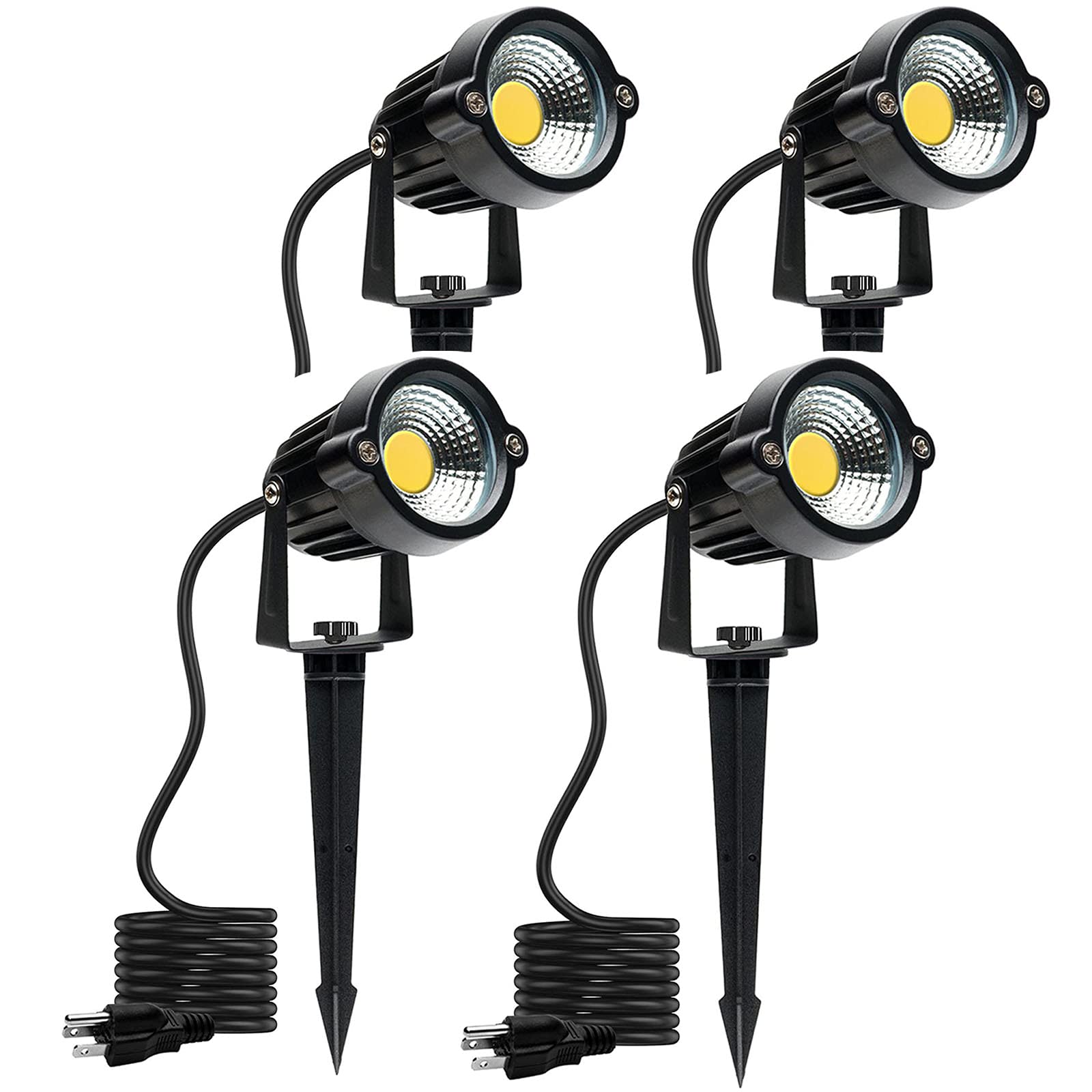 5W 3000K Warm White LED Landscape Spot Lights with Spiked Stand - Waterproof Outdoor Lighting for Garden, Yard, Lawn & House Decoration | Perfect for Pathway, Tree Uplighting & Architectural Accents (4-Pack, US 3-Plug)