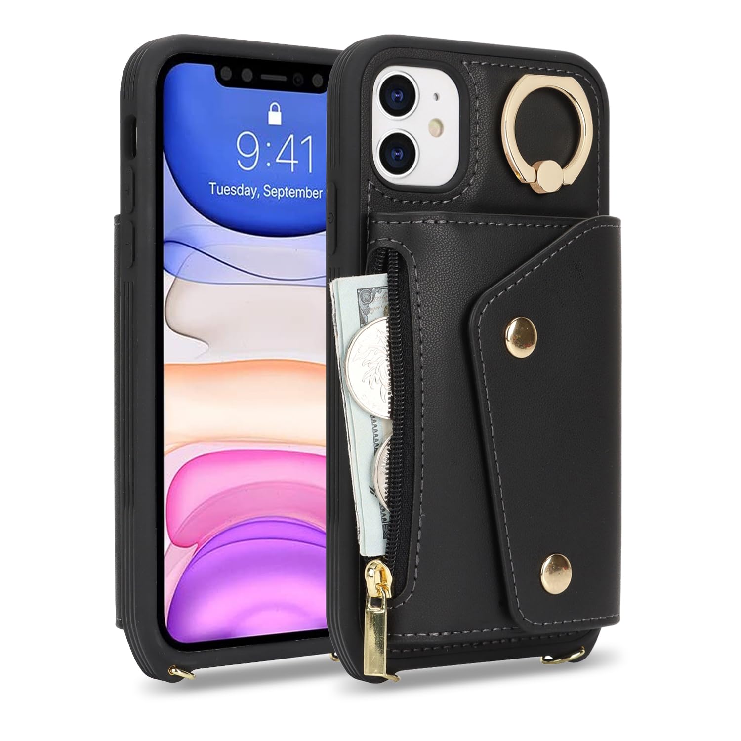 Premium iPhone 11 Wallet Case with Card Holder & Crossbody Strap - 6.1 Inch Protective Phone Cover with Zipper Pocket, Stand Ring & Lanyard - Stylish Black Women's Phone Wallet for Daily Use, Shopping & Travel