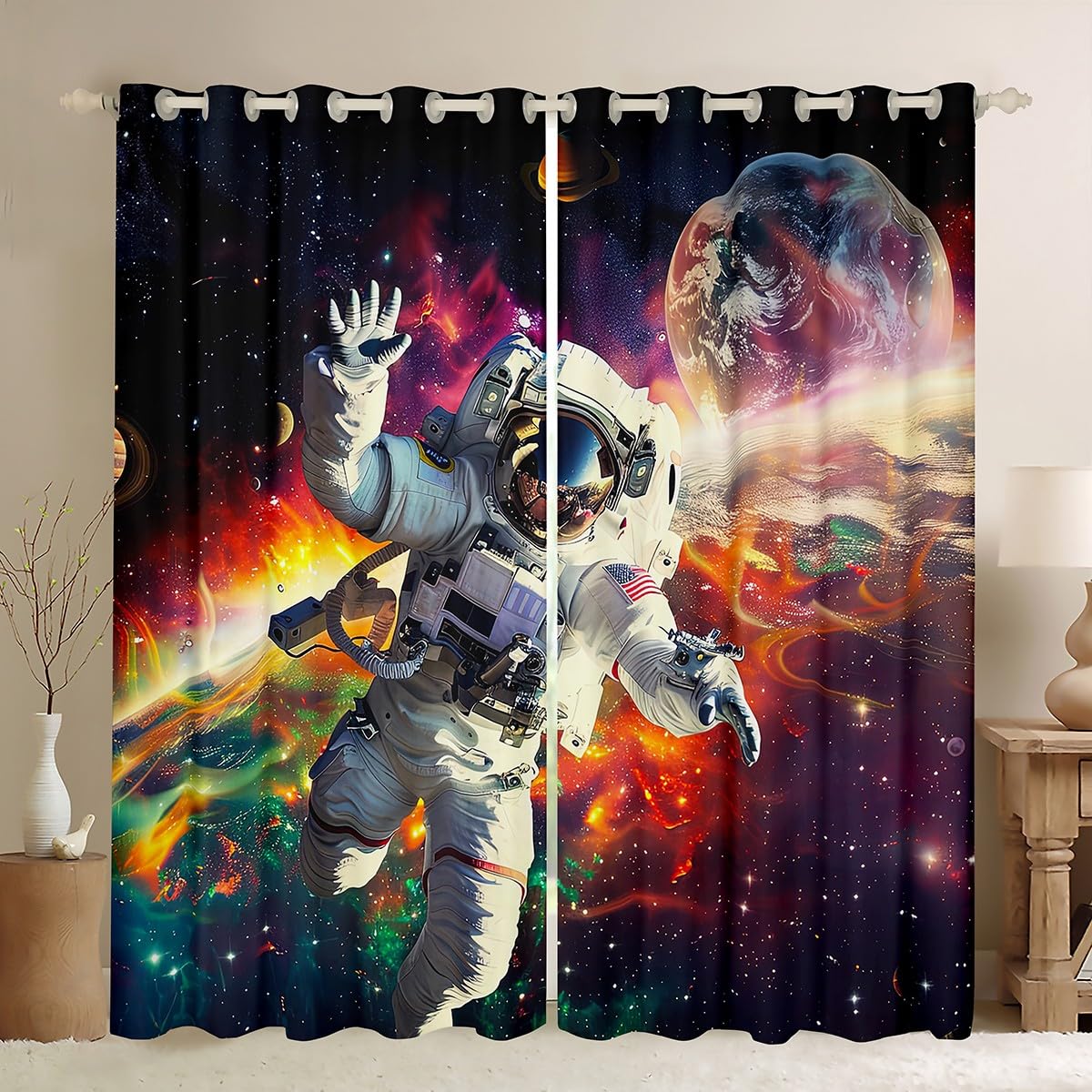 **NASA-Inspired Boys Astronaut & Galaxy Space Curtains - 2 Panel Set (84