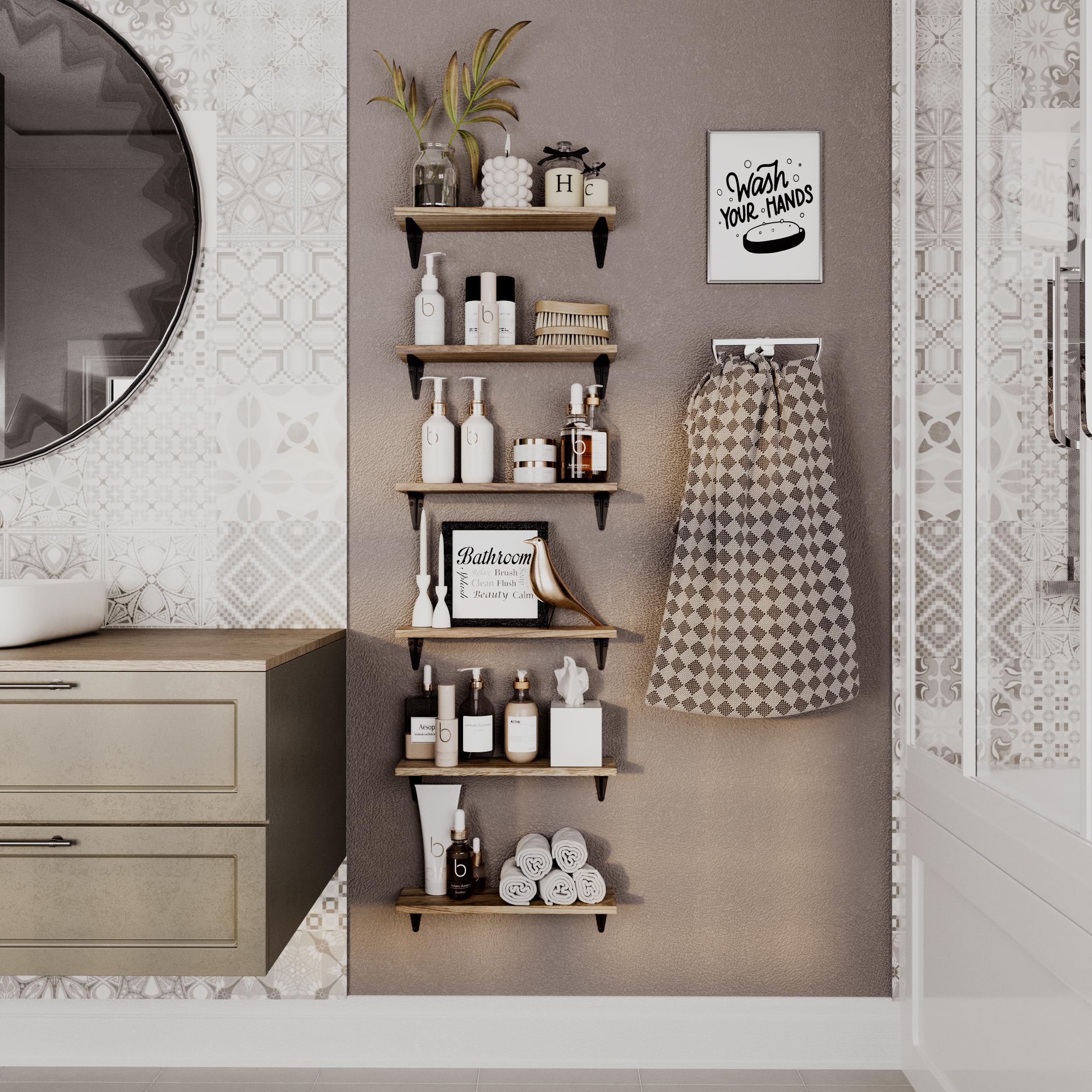 Wallniture Arras Floating Shelves Set of 6 - Rustic Wood Wall Shelves for Bedroom, Living Room & Office Decor - Perfect for Displaying Books, Photos & Decorative Items