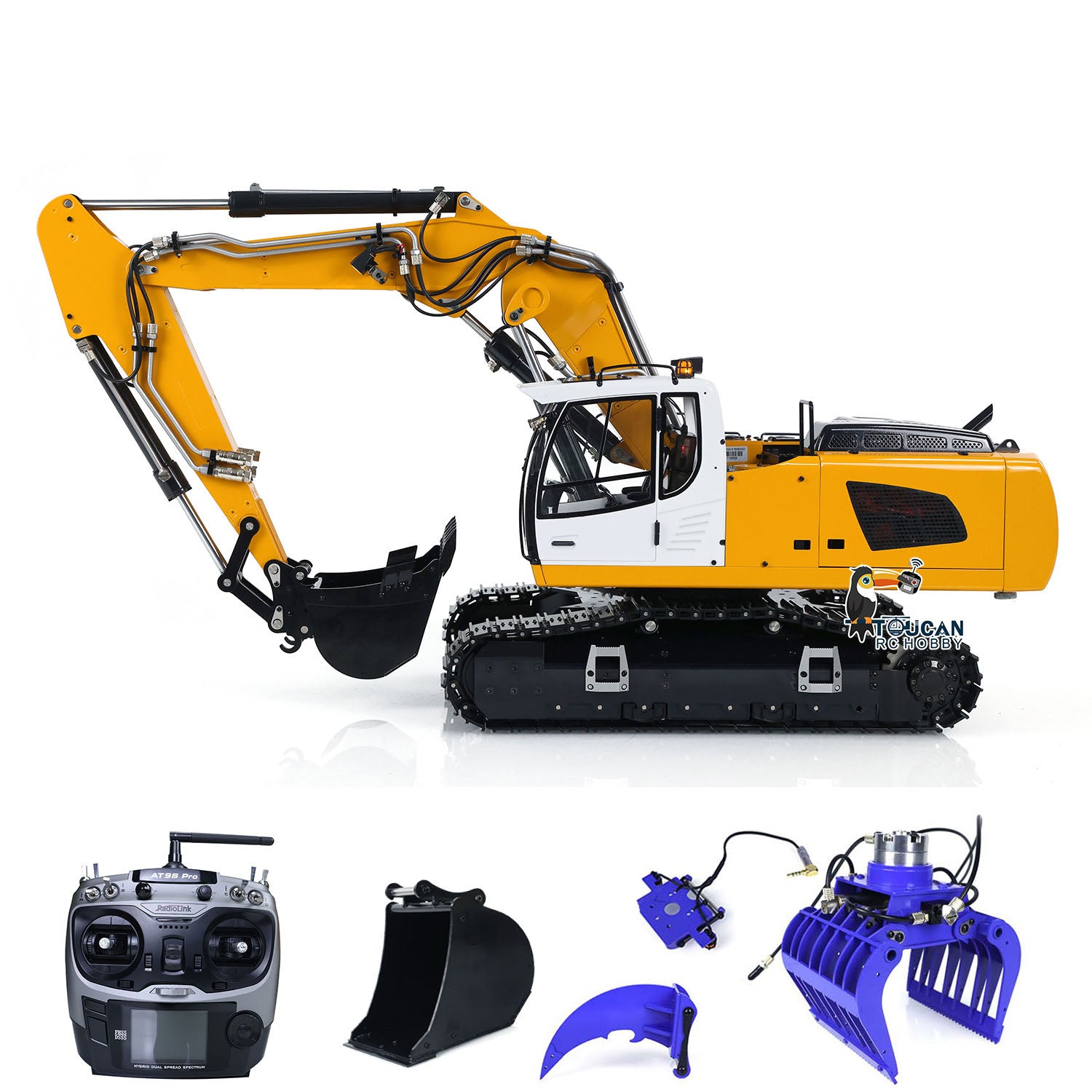 MTM 1/14 Scale 946 3 10CH RC Hydraulic Excavator Toy - 3 Arms Metal Digger with Ripper & Grab Bucket, Assembled & Painted Model for Construction Enthusiasts - Perfect for Kids Play, Collectors Display and Construction Simulation