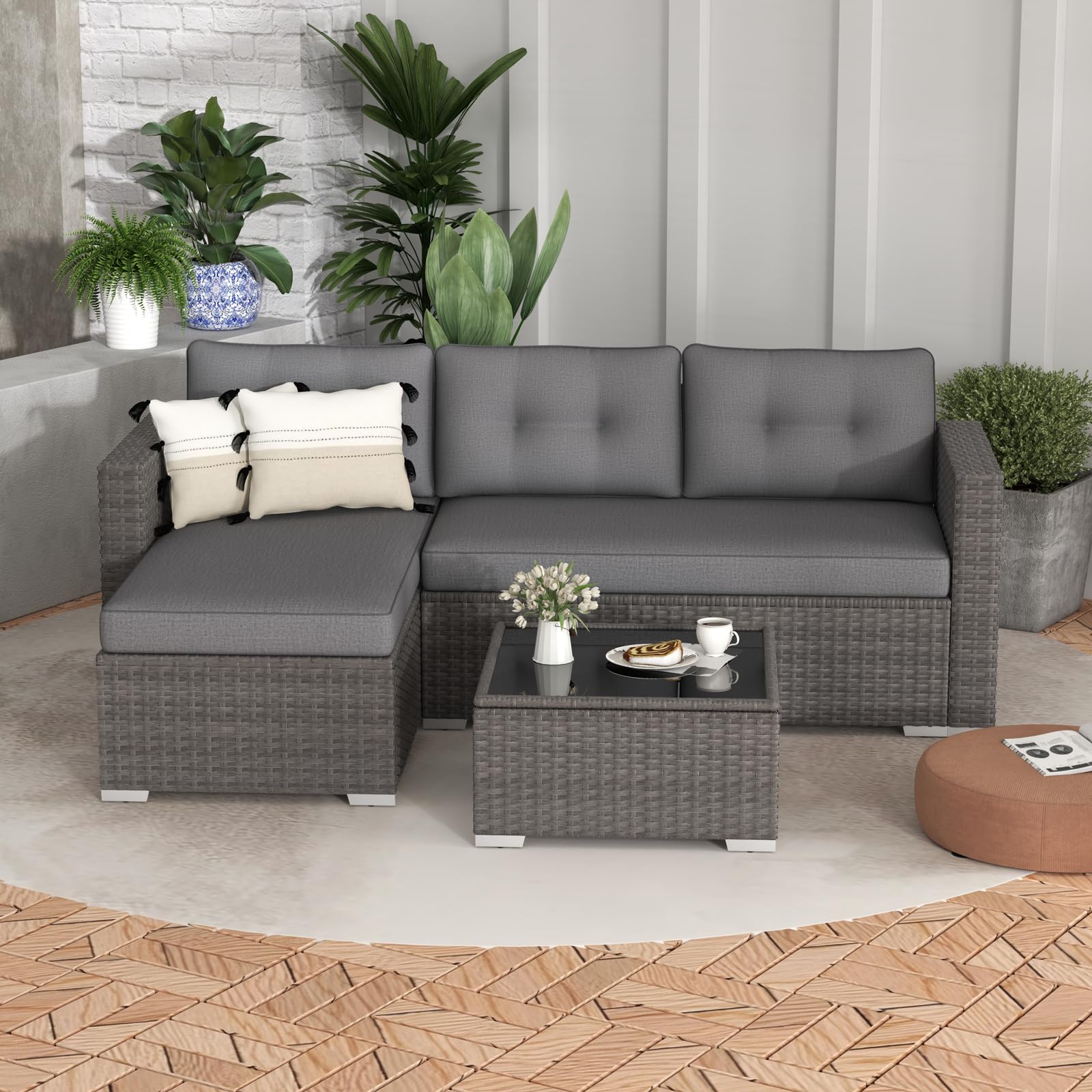 OC Orange-Casual 3-Piece All-Weather Outdoor Patio Furniture Set - Wicker Sectional Sofa with Glass Coffee Table & Grey Cushions - Gradient Grey Rattan Loveseat for Deck, Balcony, Porch, Backyard & Garden Relaxation