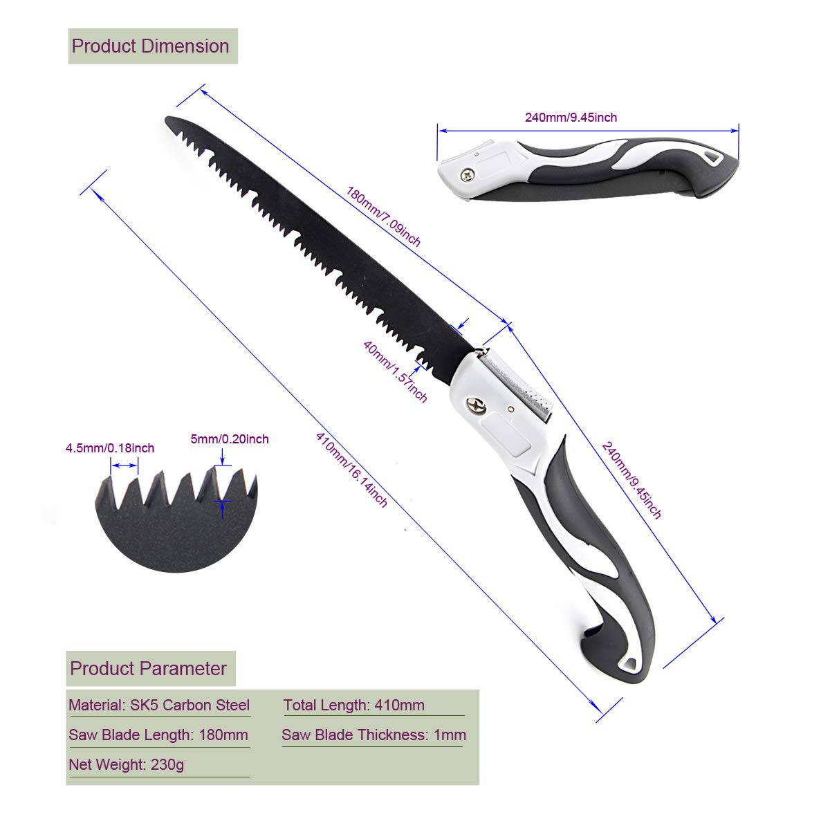 Portable Folding Hand Saw - Compact Pruning Saw for Camping, Hiking, Gardening & Outdoor Adventures - 19.29 Inch Lightweight Saw for Tree Branches, Wood Cutting & Yard Work