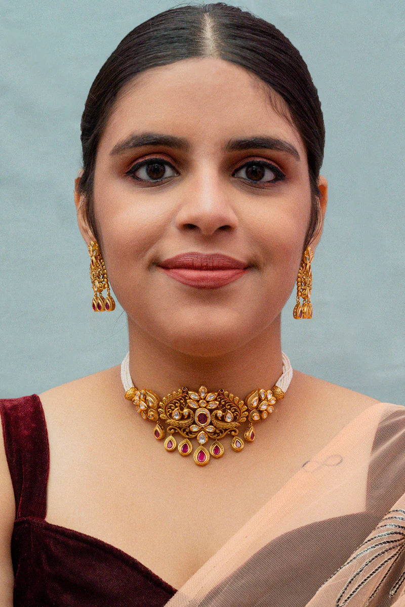 Luxury Gold Plated Royal Kundan Choker Necklace Set with Matching Earrings - Perfect for Weddings, Parties & Special Occasions