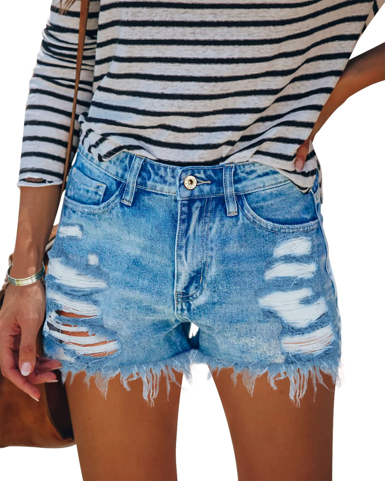 HOCAIES Women's Distressed Denim Shorts - High Waisted Ripped Jean Shorts with Raw Hem for Juniors | Perfect for Summer Outfits, Casual Wear & Beach Vacations