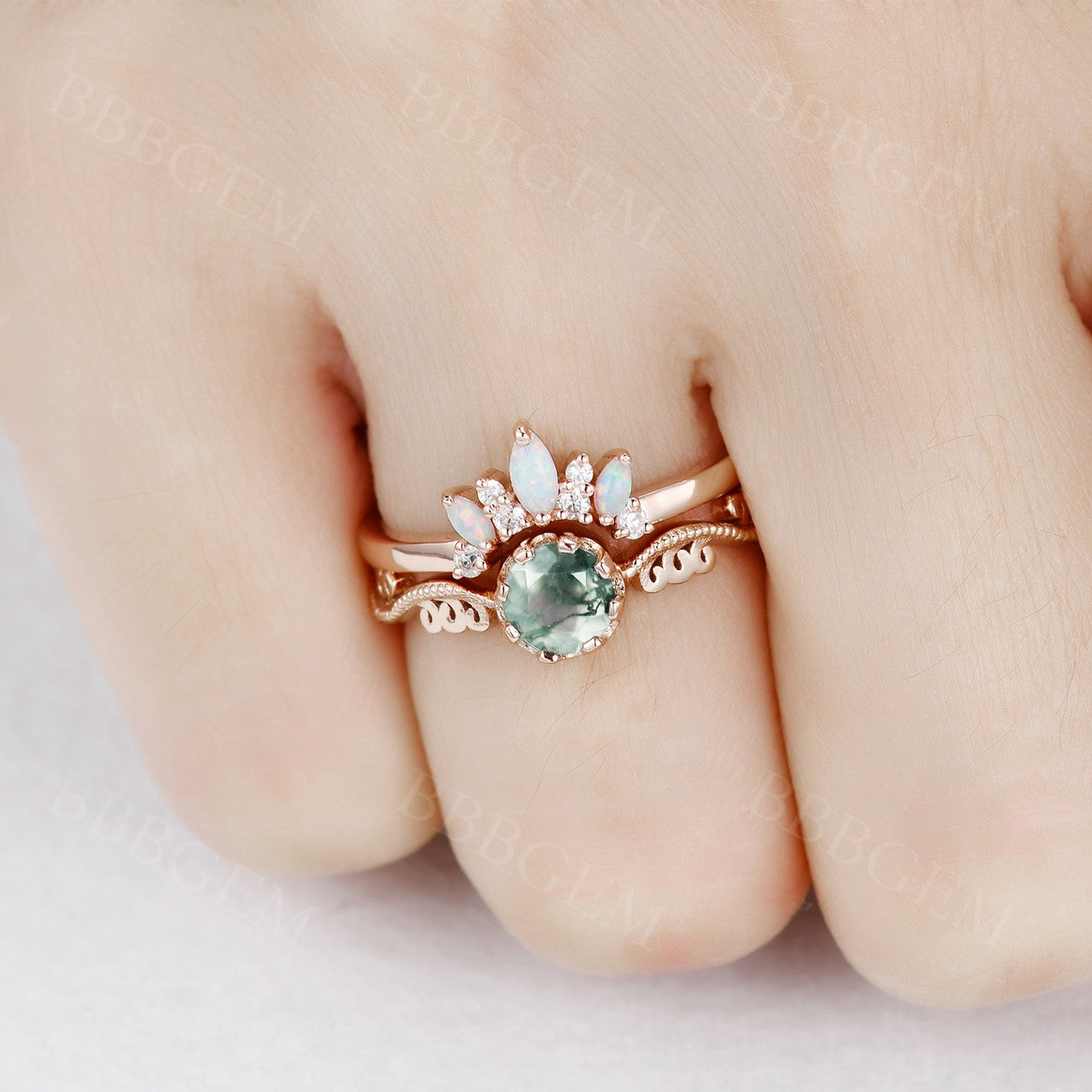 Natural Moss Agate Opal Diamond Engagement Ring Set - Vintage Art Deco Style Wedding Band for Bride - Perfect for Proposals, Anniversaries & Special Occasions