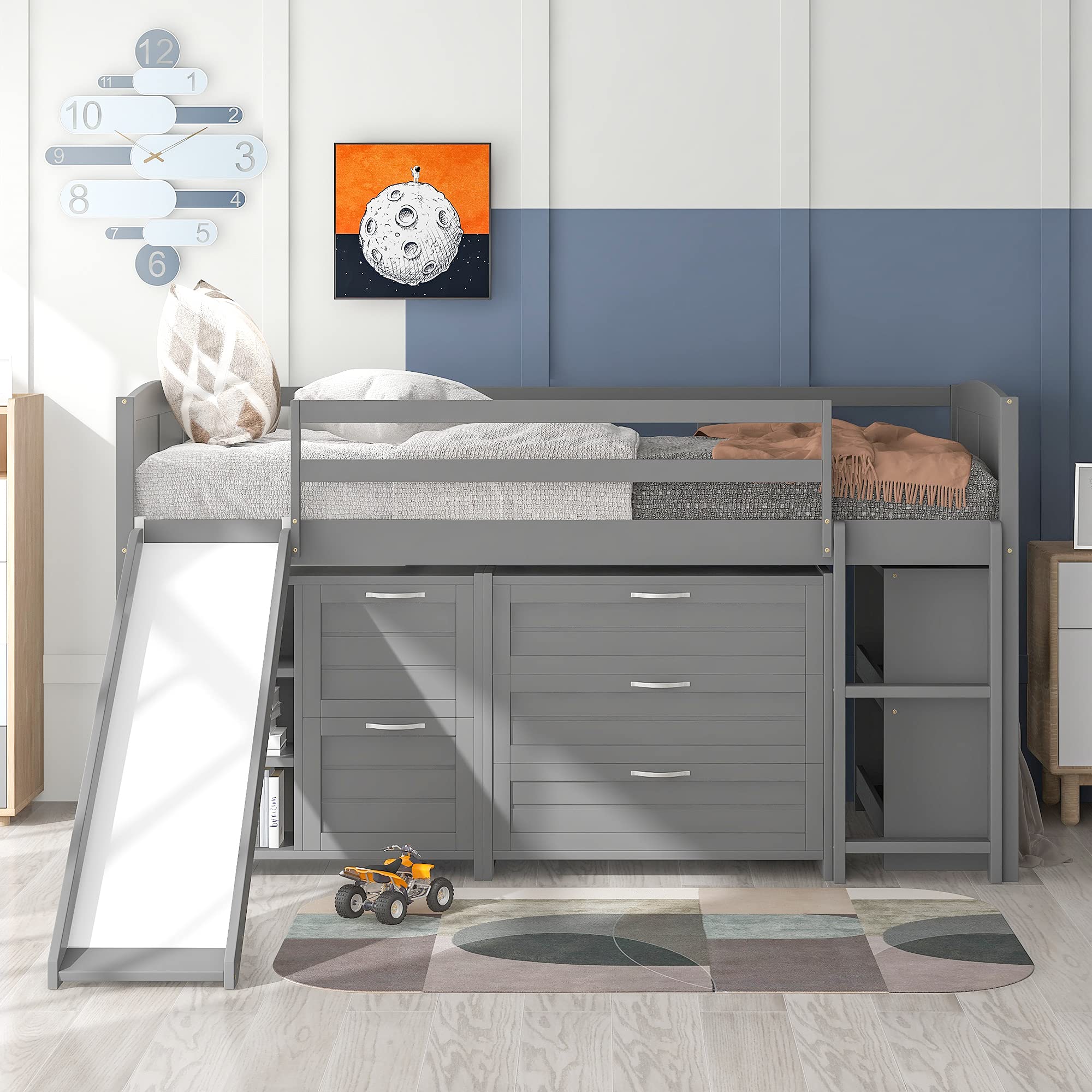 **Low Loft Bed with Slide for Kids - Twin Size Solid Wood Bed Frame with Drawers, Cabinet & Shelf - Gray (3) - Perfect for Small Bedrooms & Playrooms**