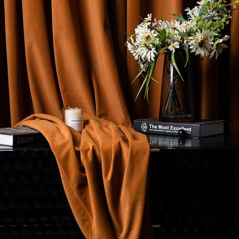 Luxury Modern Herringbone Designer Velvet Curtains - Orange Blackout Drapes for Living Room & Bedroom - Elegant Window Treatment for Home Decor