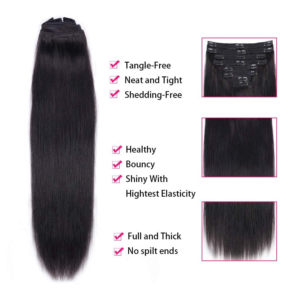 100% Unprocessed Brazilian Virgin Human Hair Clip-in Extensions for Black Women - 8-Piece Set with 18 Clips, 120g, 24 Inch Straight Natural Black Hair | Perfect for Daily Styling, Special Occasions & Volume Boosting