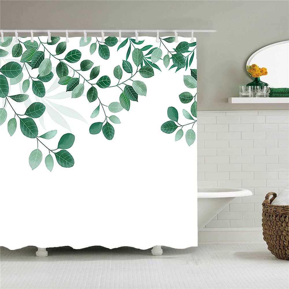 Yeele Eucalyptus Shower Curtain 72x72 Inches - Watercolor Spring Green & White Waterproof Polyester Bathroom Decor with Hooks | Tropical Fresh Design for Modern Bathrooms & Spa Retreats