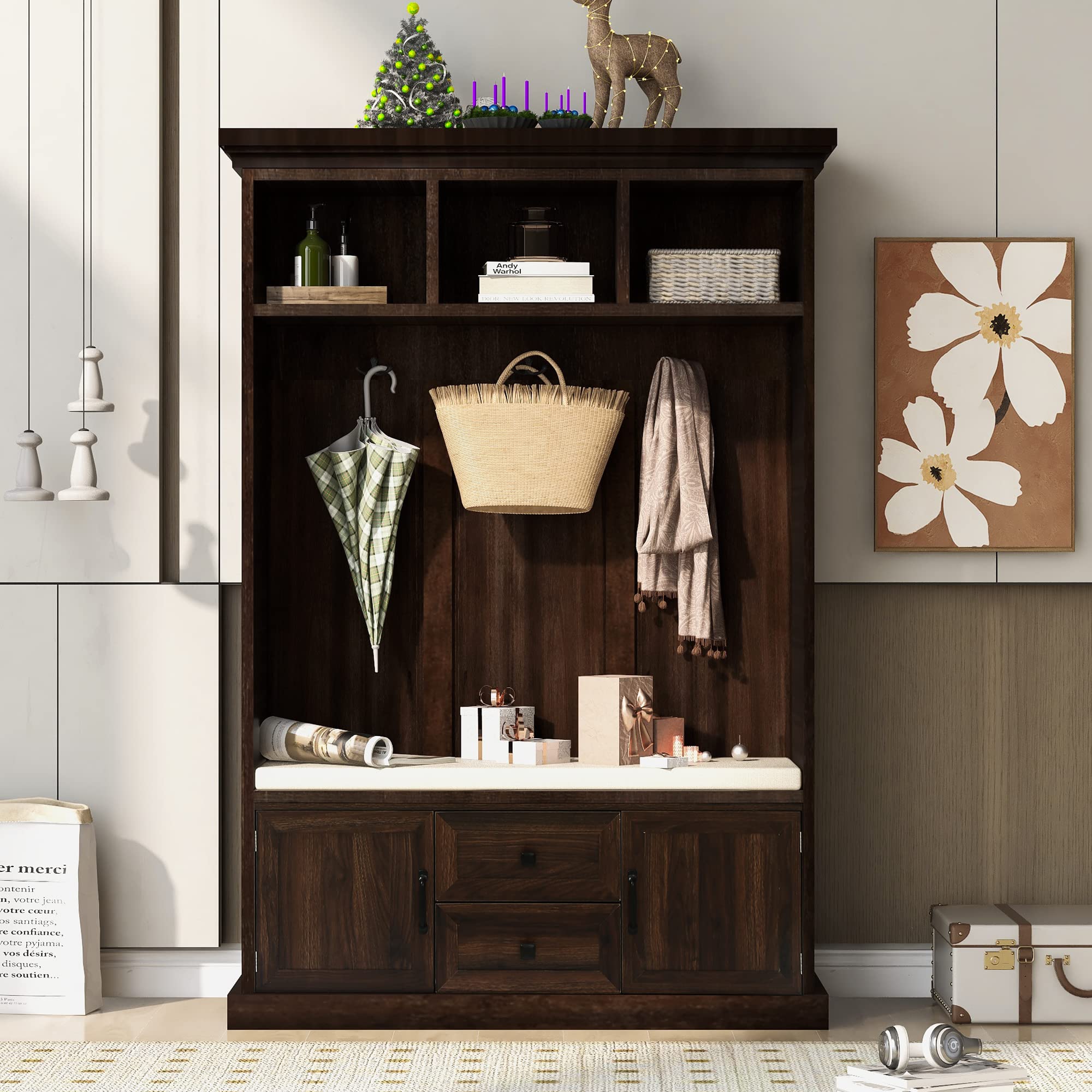 Merax 3-in-1 Hall Tree with 3 Hooks, Coat Rack & Storage Bench - Entryway Organizer for Coats, Shoes & Accessories - Perfect for Small Spaces, Apartments & Home Entryways (Tiger Design)