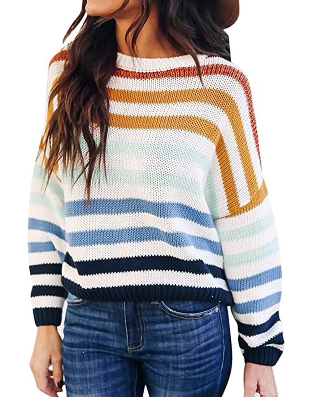 Women's Oversized Knit Sweater Long Sleeve Crewneck Color Block Striped Pullover Top - Cozy Casual Winter Wear for Work, Date Night & Weekend Outfits