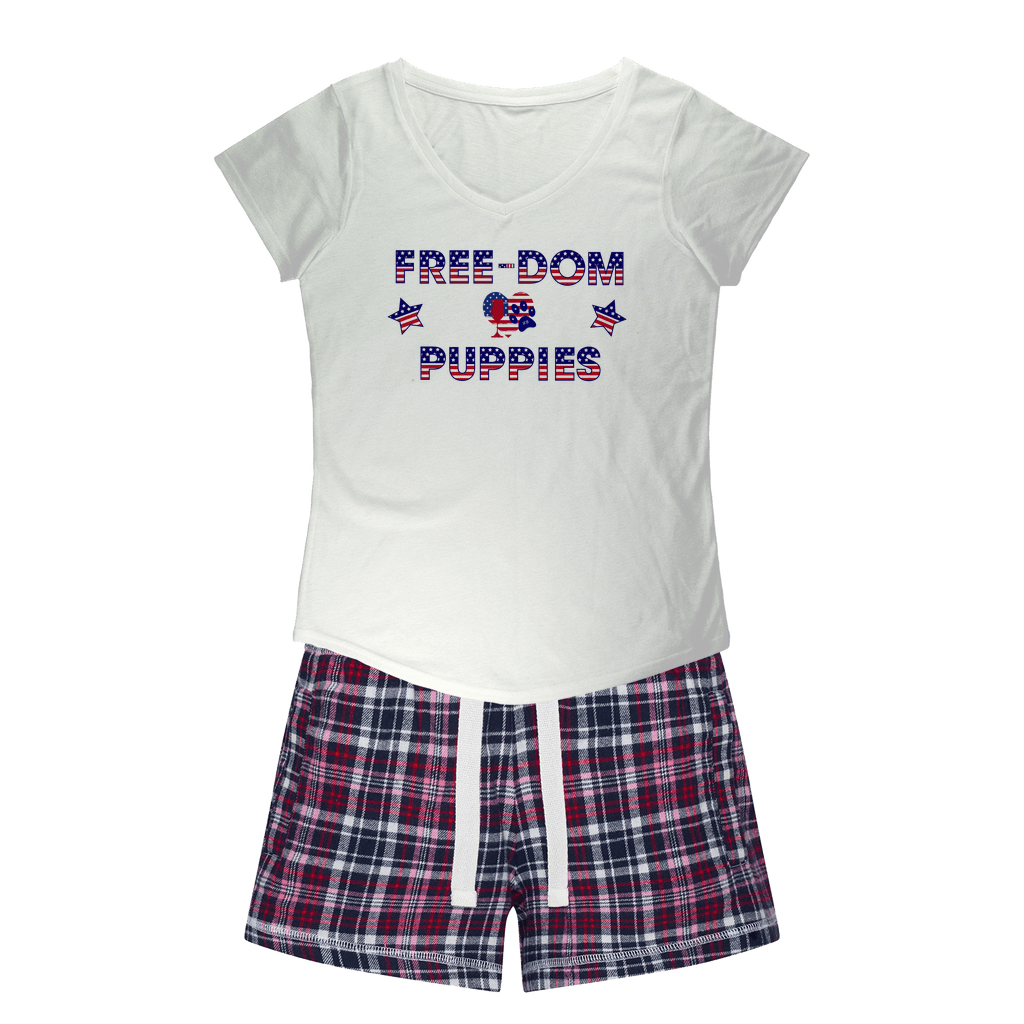 WineyBitches.Co Freedom Puppies Girls Sleepy Tee and Flannel Shorts - Cute Pajama Set for Girls, Comfortable Sleepwear for Kids, Cozy Loungewear for Sleepovers & Playdates
