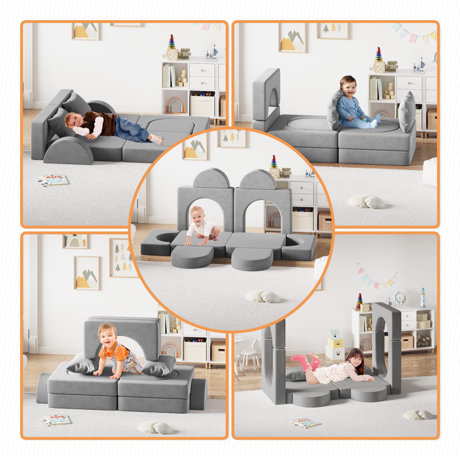 Linor Toddler Couch - 12-Piece Kids Sofa Set with 2 Pillows & Play Tunnel | Foldable Foam Couch for Playroom, Bedroom & Nursery | Creative Play Furniture for Toddlers & Babies (Grey) - Perfect for Pretend Play, Reading Nook & Cozy Relaxation