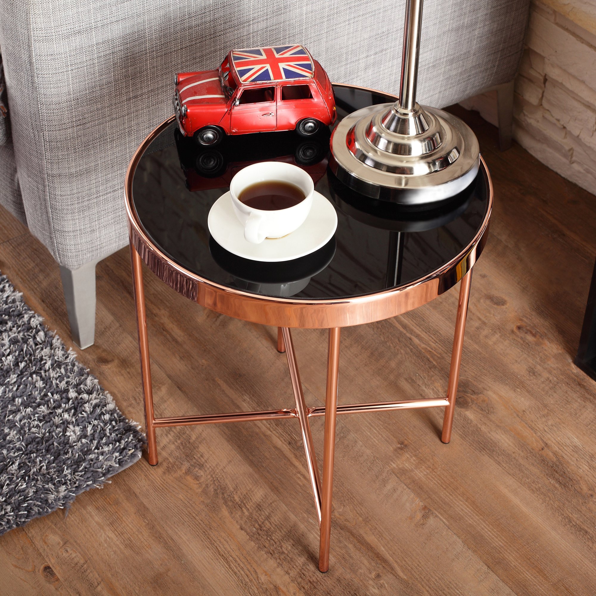 Fawn Contemporary End Table with Glass Top - Black & Rose Gold Accent - Modern Side Table for Living Room, Bedroom, or Office Decor