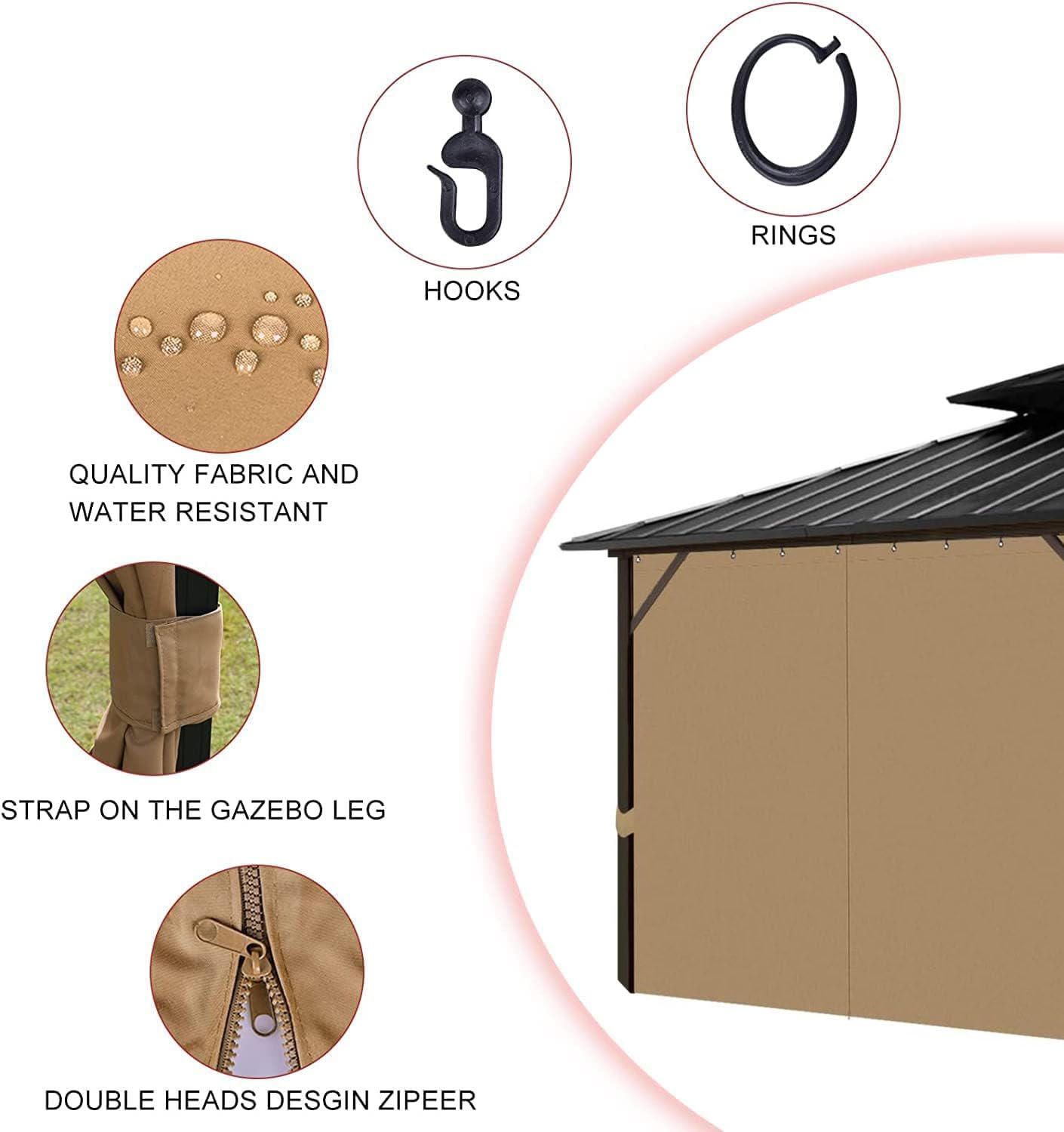10'x12' Waterproof Gazebo Curtains - Khaki Universal Replacement Side Panels (4-Panel Set) with Zipper for Outdoor Patio, Garden & Backyard Use - Perfect for Sun Protection & Privacy