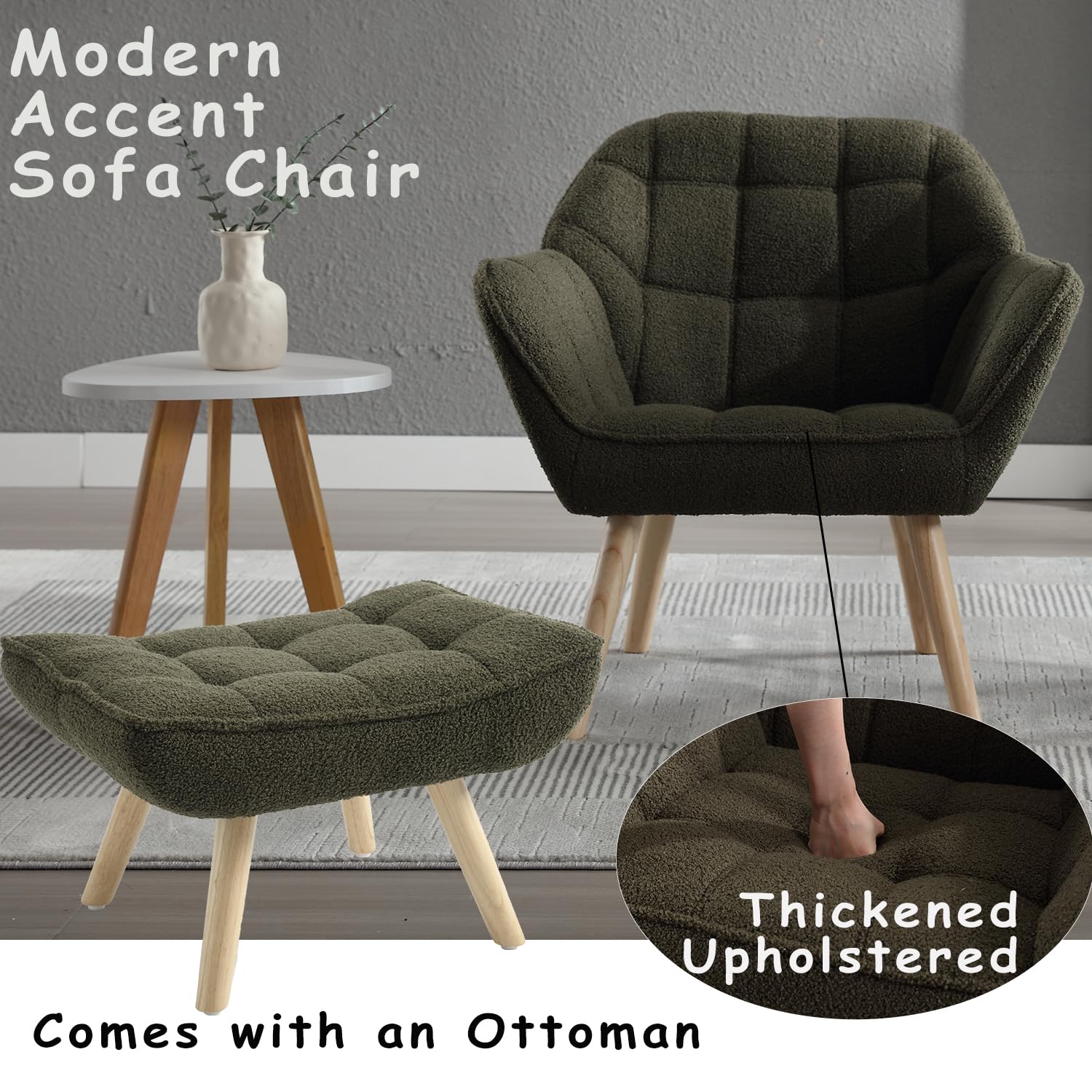 Sherpa Accent Reading Chair with Ottoman - Modern Fuzzy Upholstered Armchair with Wood Legs - Comfortable Lounge Chair for Small Spaces - Perfect for Living Room, Bedroom & Book Nook - Green - Cozy Reading Spot & Relaxation Corner