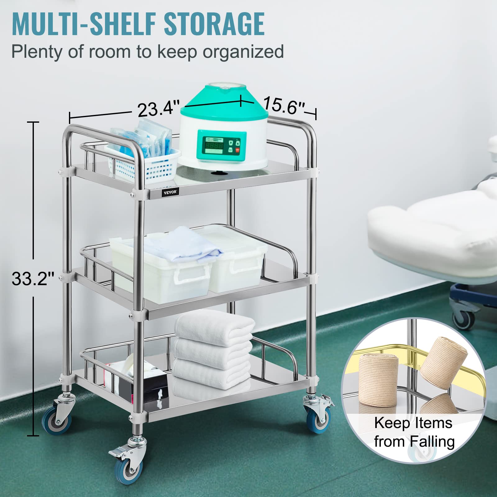 VEVOR 3-Tier Stainless Steel Utility Cart with Wheels - Heavy Duty Rolling Cart for Commercial Kitchen, Restaurant, Medical, Dental & Lab Use - Mobile Serving Cart for Catering, Dining & Hospital Services