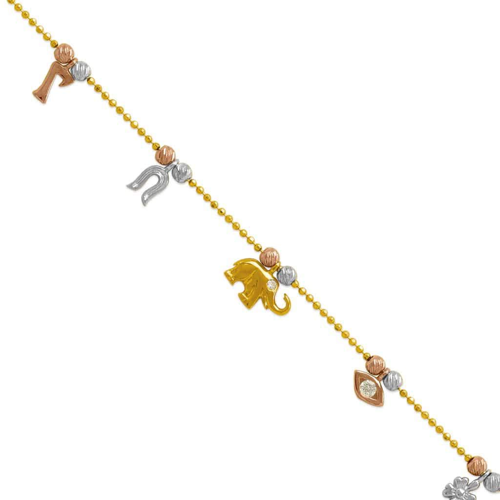 14K Tricolor Gold Lucky Charm Bracelet Anklet - Elegant 7 Flower Adjustable Ankle Jewelry (7.5