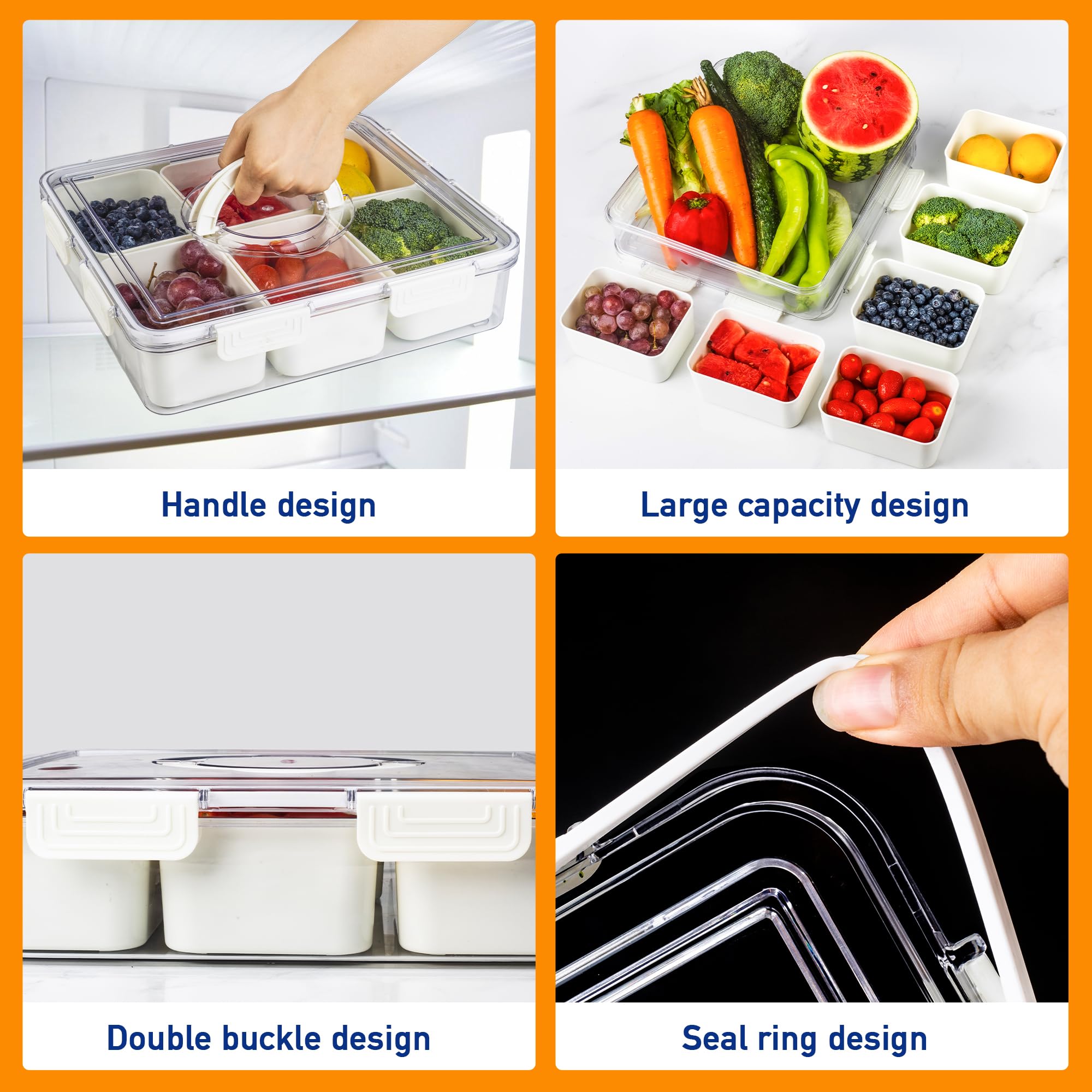 Large 6-Compartment Snackle Box Container with Lid & Handle - Portable Divided Serving Tray for Charcuterie, Fruits, Veggies, Candy & Salads | Perfect for Picnics, Parties, Office Lunches & Family Gatherings