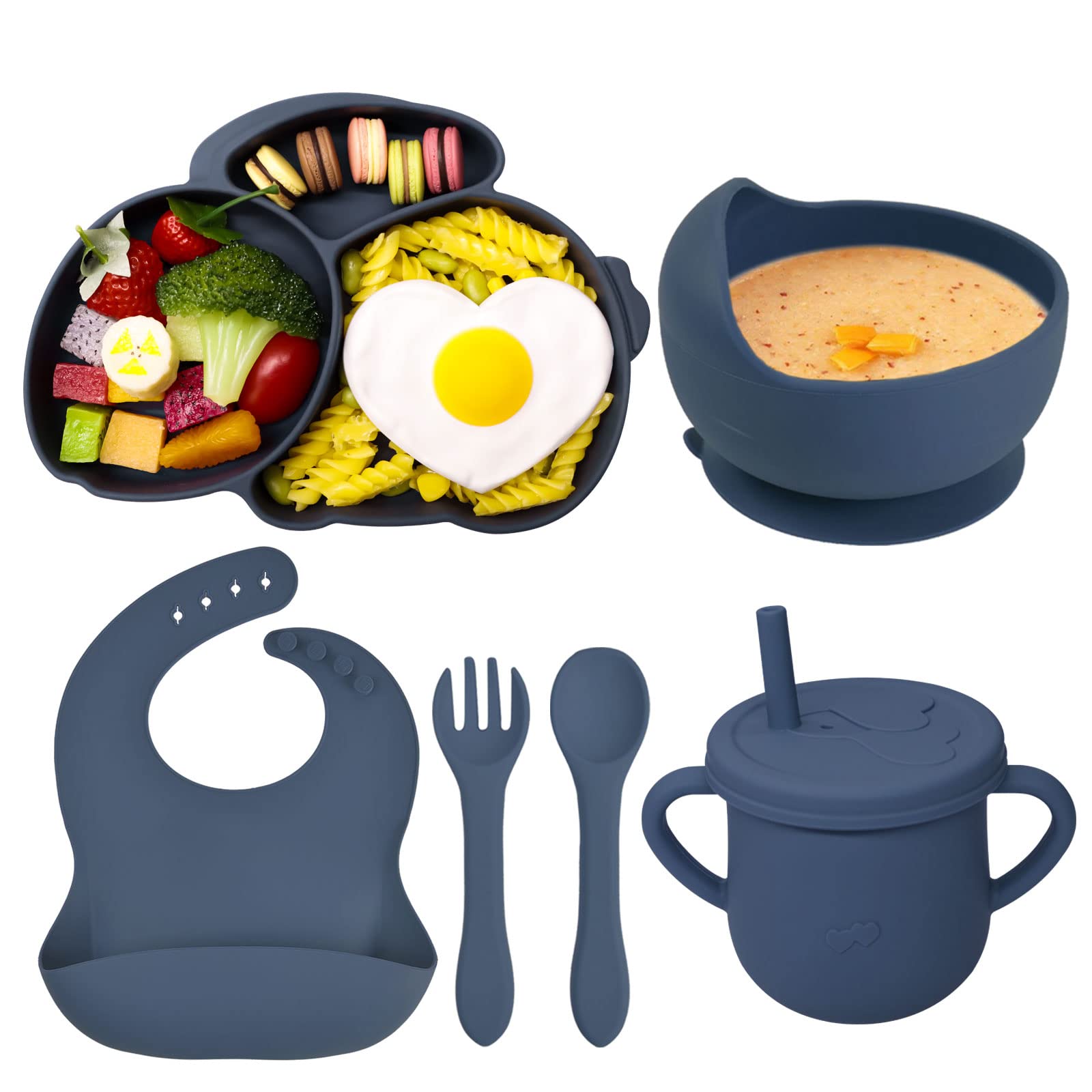 **Domueay 6-Piece Silicone Baby Weaning Set - BPA-Free Toddler Feeding Kit with Suction Bowl, Divided Rabbit Plate, Adjustable Bib, Straw Cup & Spoon Fork - Perfect for Home, Travel & Daycare Use**