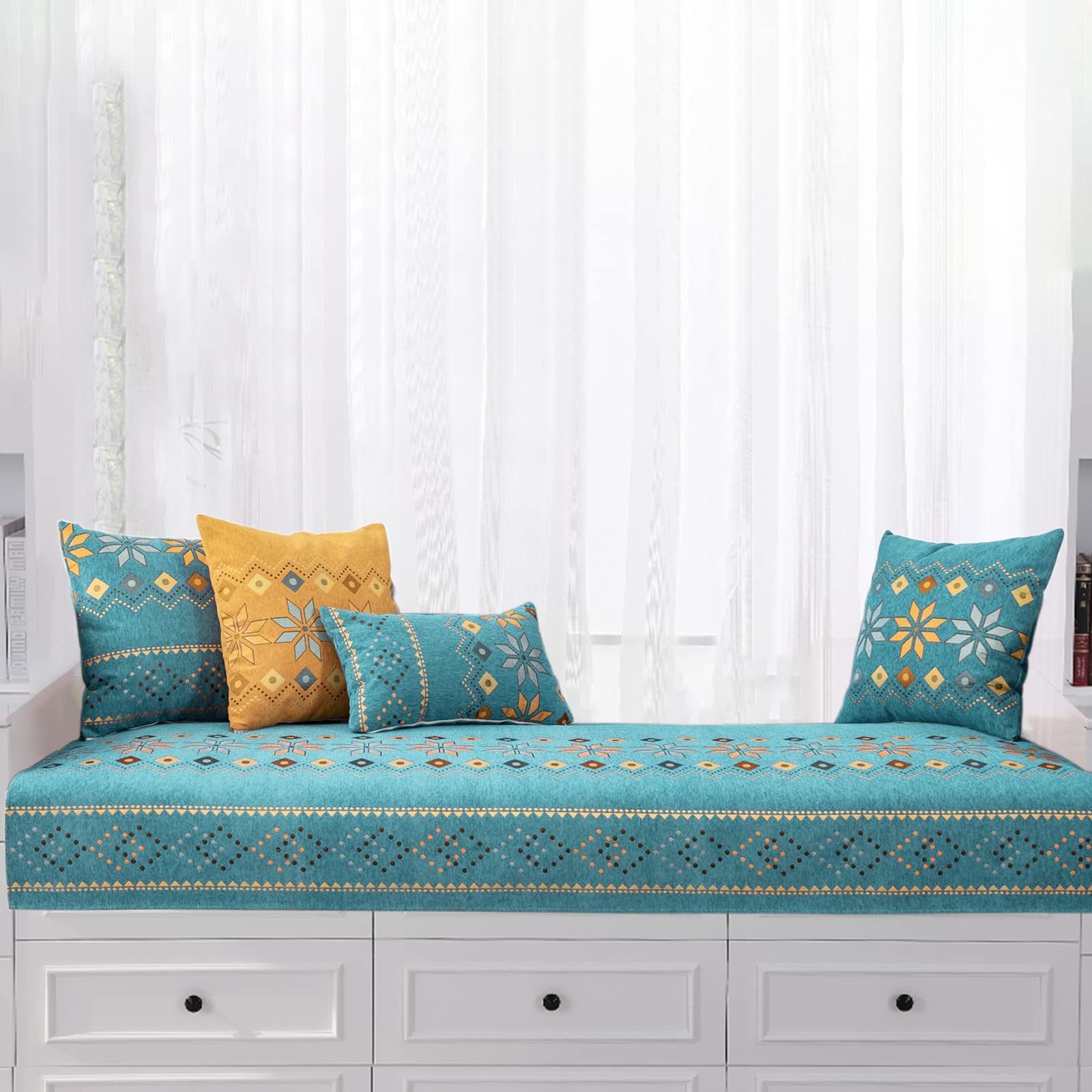 Non-Slip Boho Bay Window Cushion Pad - Chenille Window Seat Mat for Indoor Sofa, Bench & Windowsill - Cozy Bohemian Home Decor for Bedroom, Living Room & Reading Nook (Perfect for Relaxation & Sunbathing by the Window)