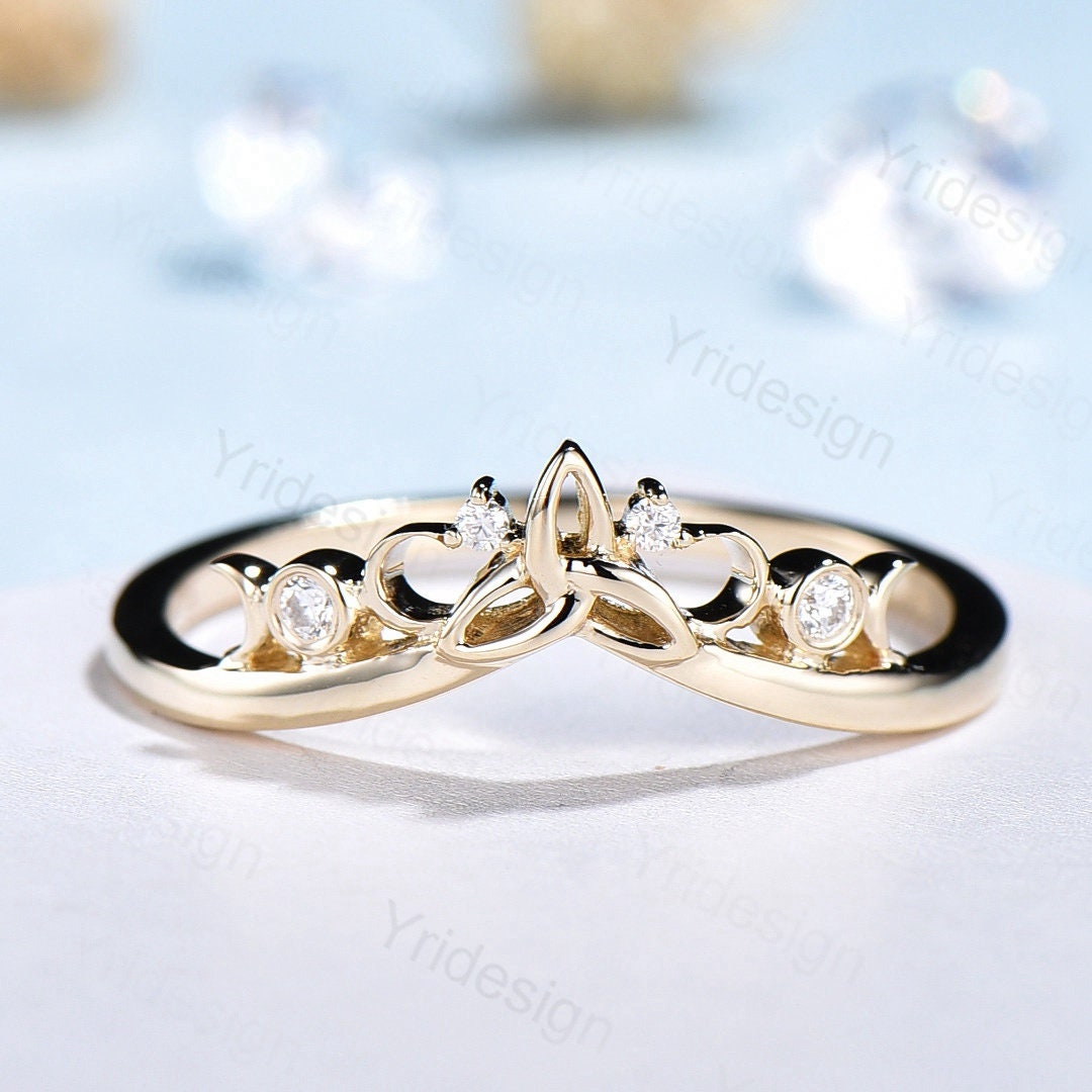 Celtic Knot Norse Viking Diamond Wedding Band for Women - Unique Curved Yellow Gold Stackable Anniversary Ring | Perfect for Weddings, Engagements & Gift Giving