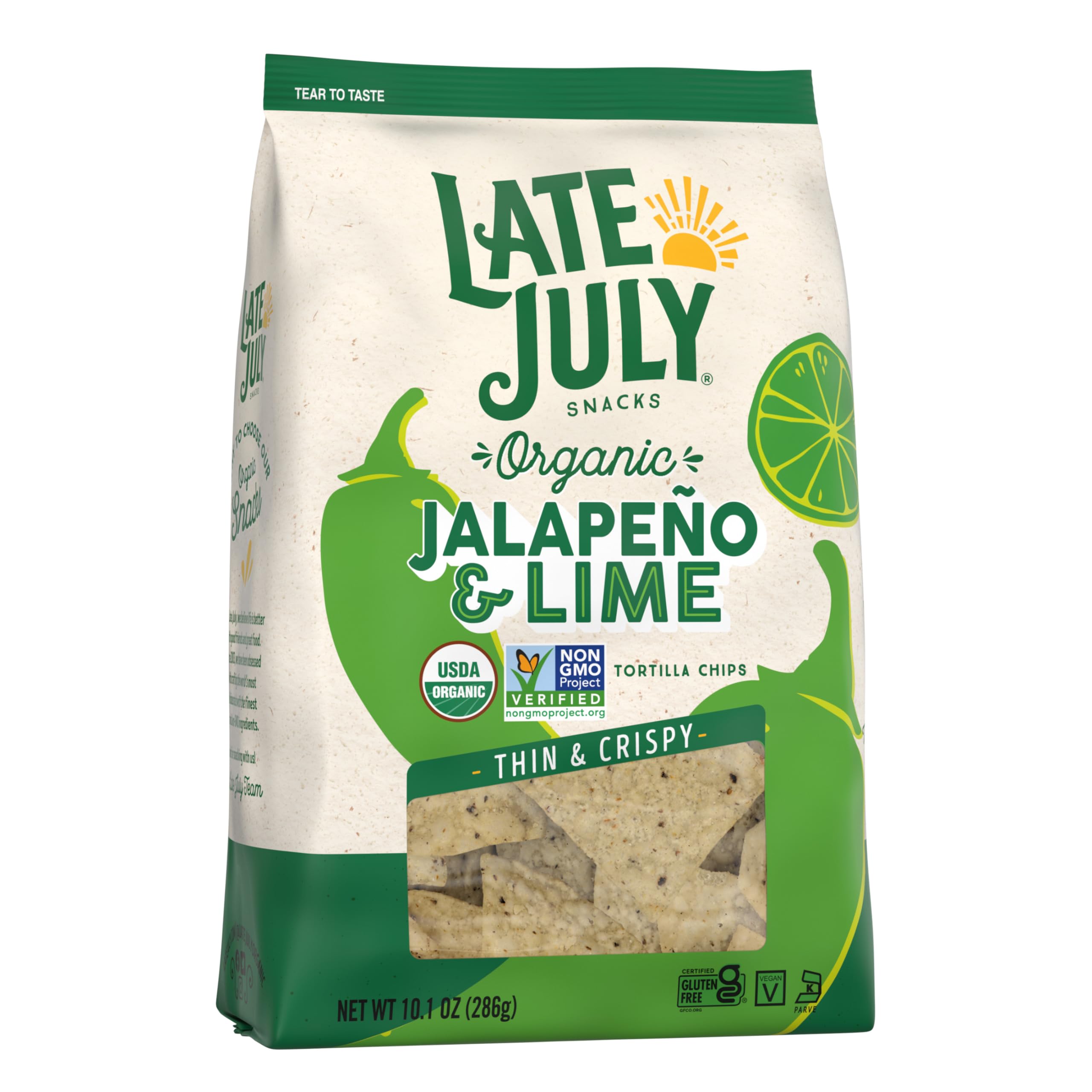 Organic Thin & Crispy Tortilla Chips - Jalapeño & Lime Flavor | Late July Snacks | 10.1 oz Bag | Gluten-Free, Non-GMO | Perfect for Parties, Snacking & Mexican Cuisine