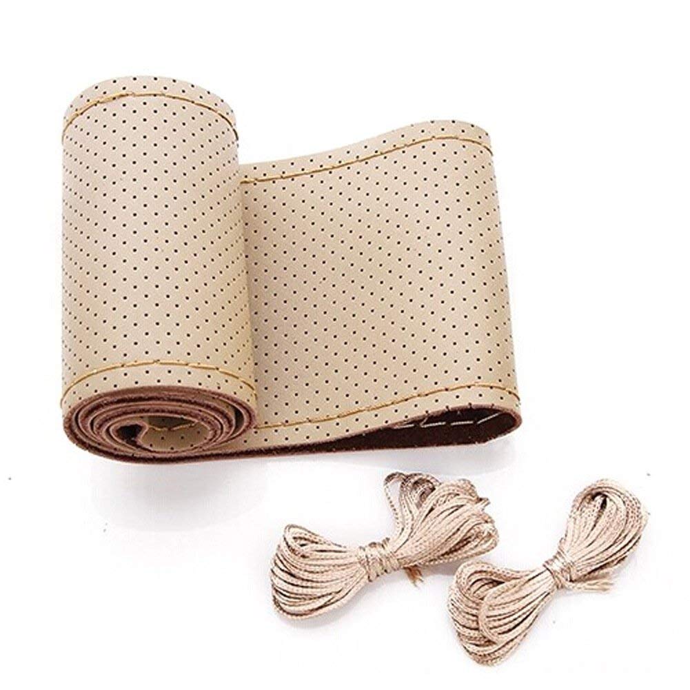 BELINOUS Universal Leather Car Steering Wheel Cover - Stitch On Wrap for Comfort & Grip - Size M4, Beige - Perfect for Daily Commute & Long Road Trips