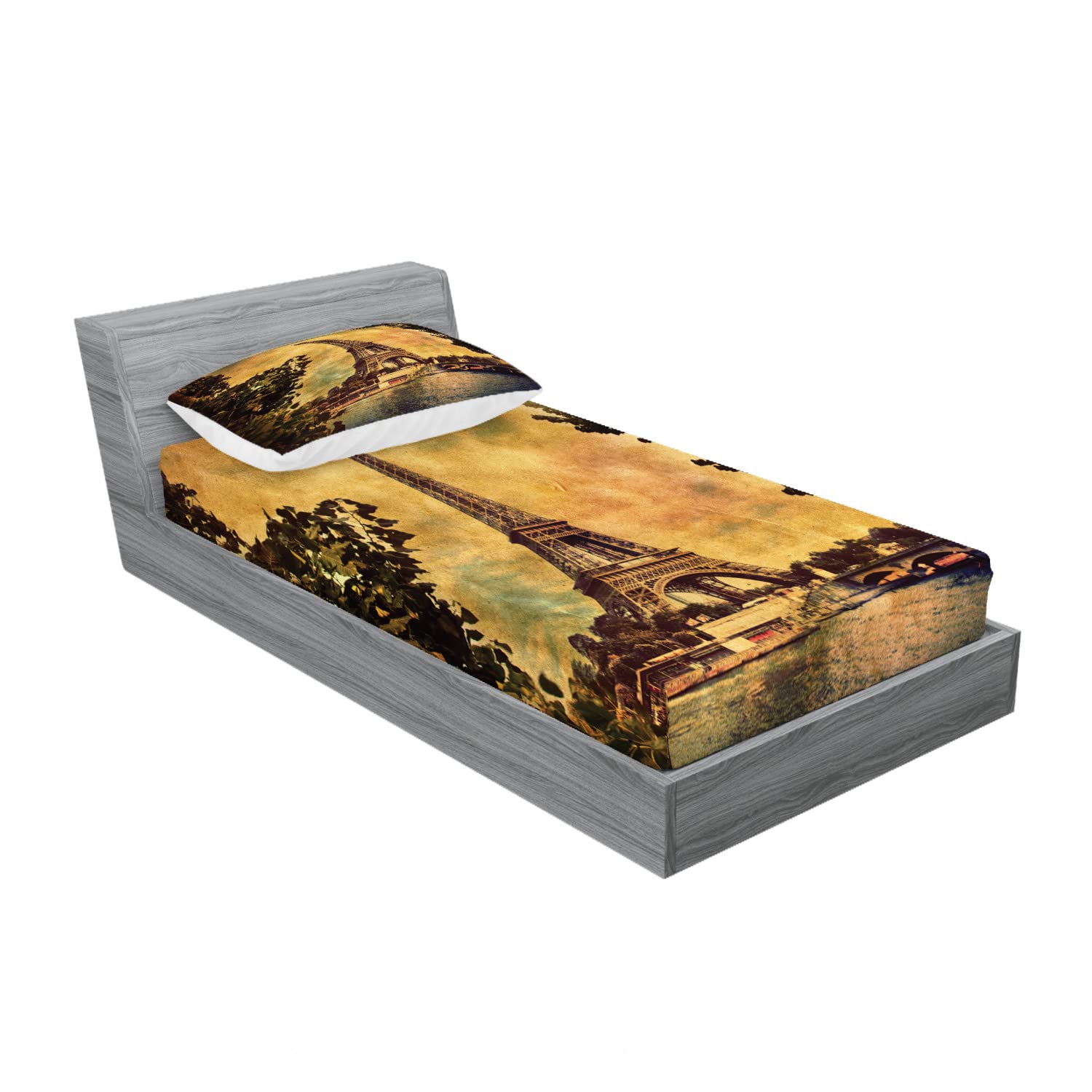 Ambesonne 2-Pack Twin Fitted Sheet & Pillow Sham Set - Eiffel Tower Tree Design, 4-Piece Brown Mustard Bedding Set for Cozy Home Decor | Perfect for Guest Rooms, Dorms & Apartment Living